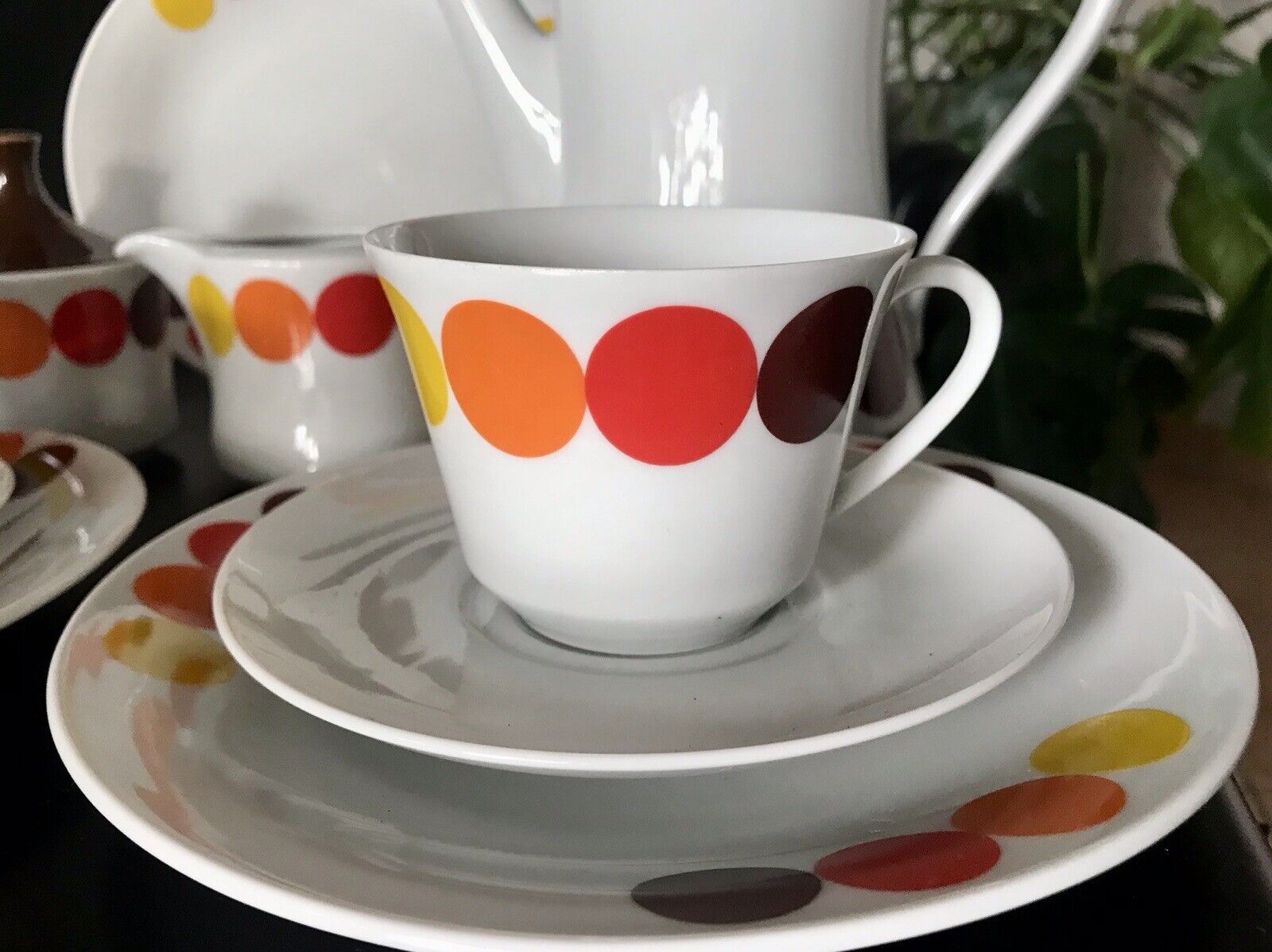 Alt Vintage 70er Seltmann Porzellan Kaffeeservice weiß bunte Kreise 6 Personen