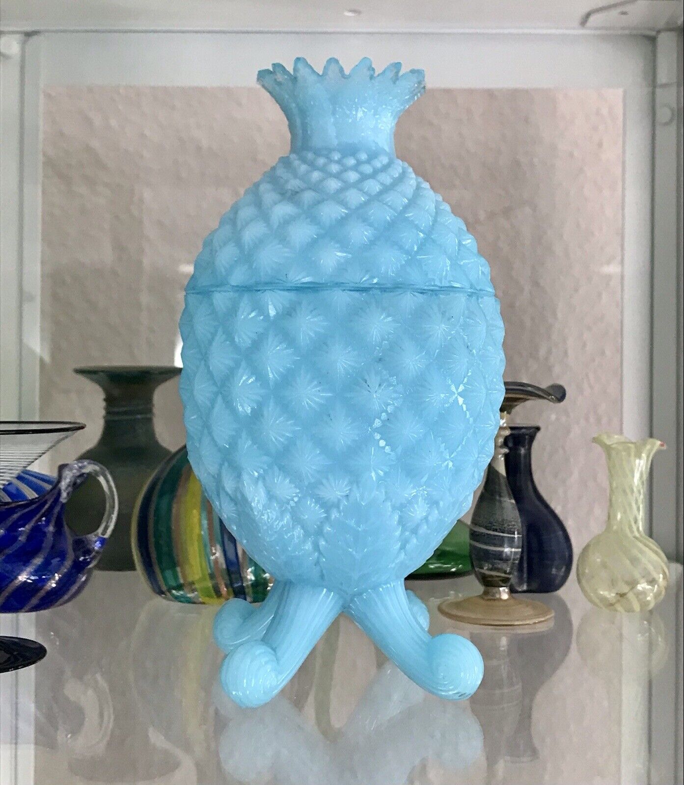 Antik Jugendstil Ananas Glasdose Dose Opalglas Deckeldose blau Pressglas SCHÖN!