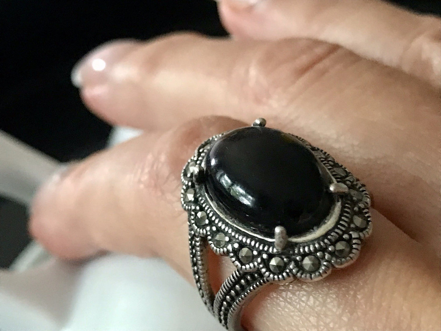 Antik? alt Art Déco Edel Onyx Markasite DAMEN RING Silber 925 Gr.57 18,1