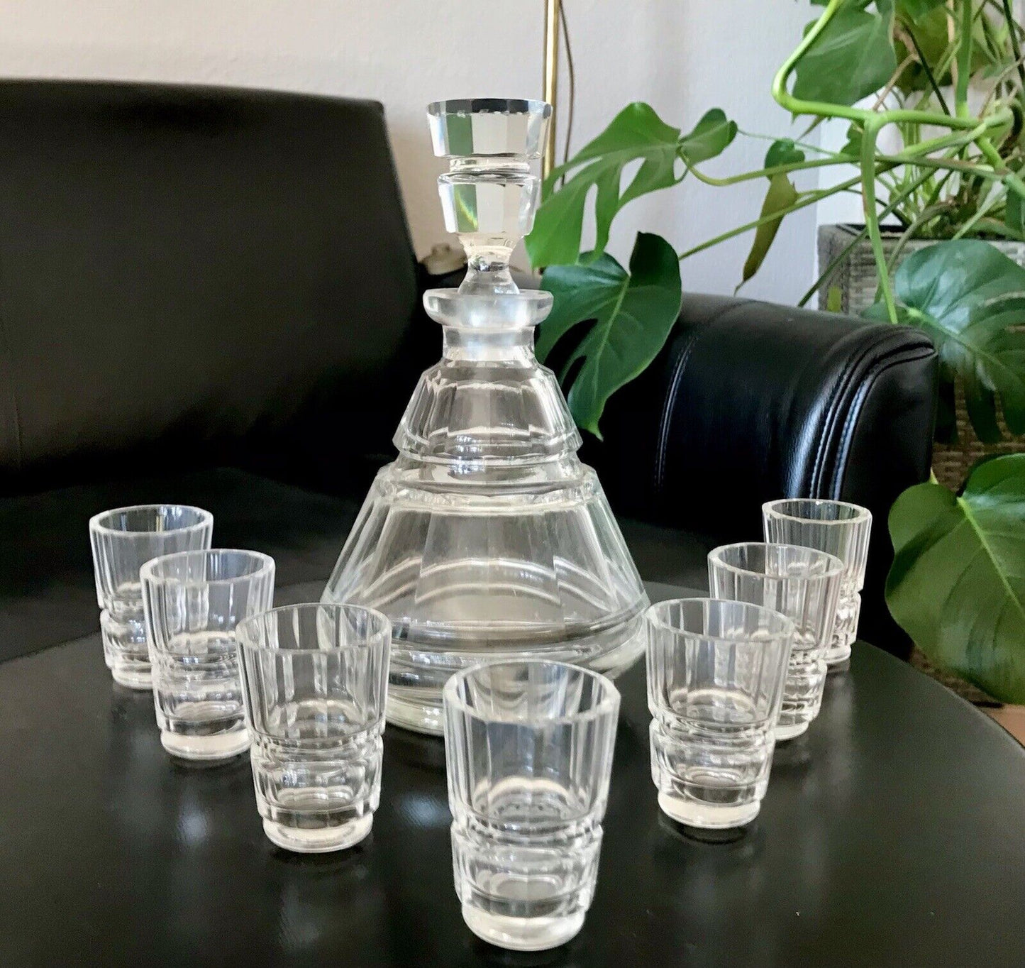 Antik 1930 Art Déco Karaffe Likör Set 7 Gläser Entwurf J.Hoffmann f. Moser&Söhne