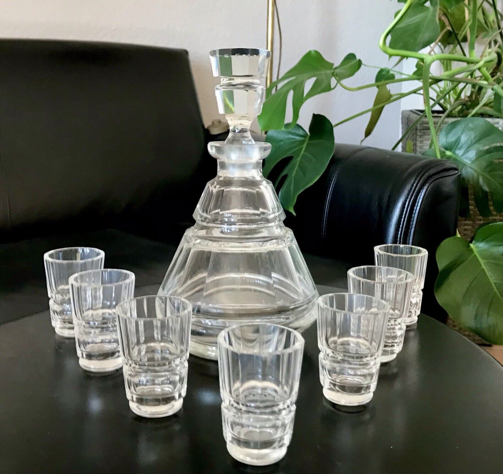 Antik 1930 Art Déco Karaffe Likör Set 7 Gläser Entwurf J.Hoffmann f. Moser&Söhne