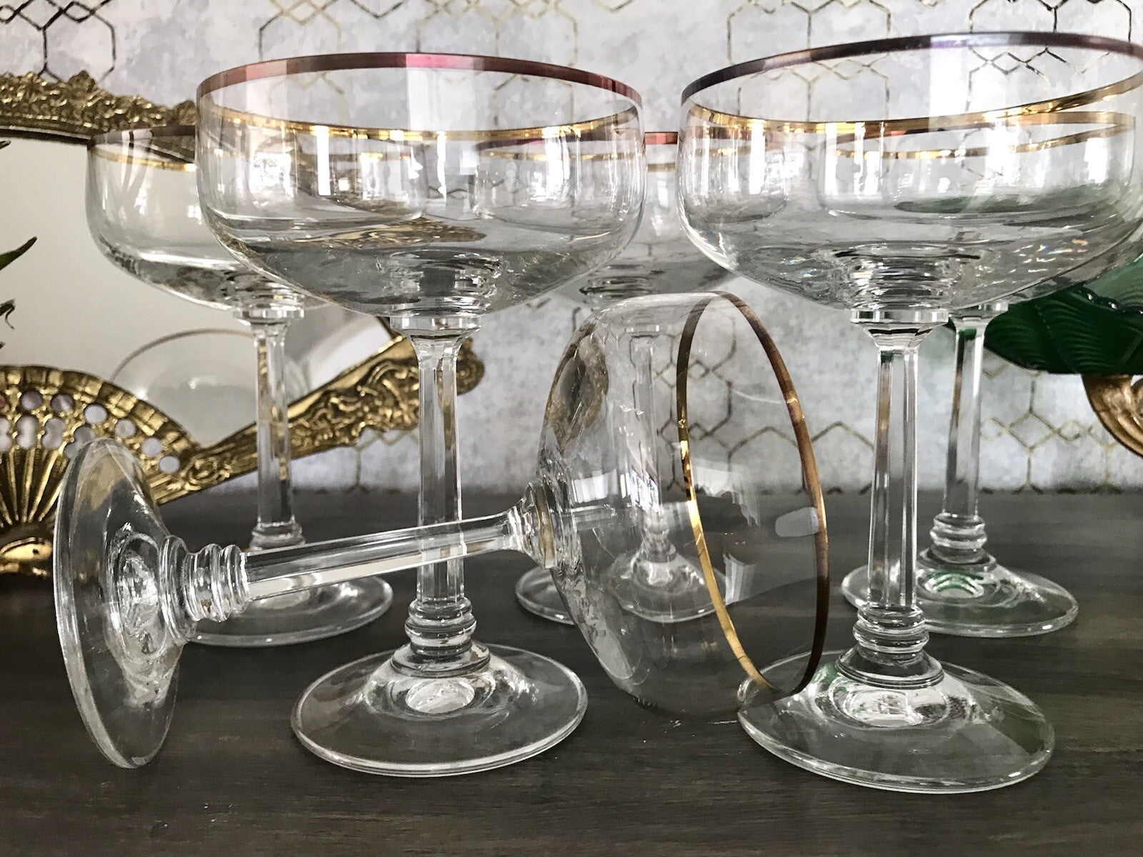 Antik? Art Déco 6 x Champagnerschalen Sekt Gläser Goldrand Lausitzer? Crystal