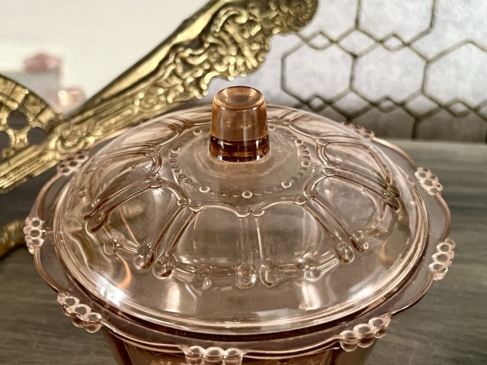 Art Déco Stil Dose Deckeldose Rosalin Rosa Pressglas