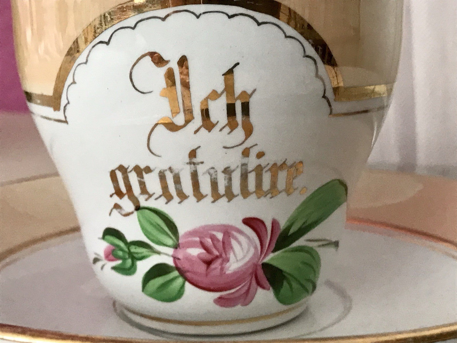 Antik Keramik ? Porzellan? Andenken Gedeck Sammeltasse Tasse „Ich gratulire“