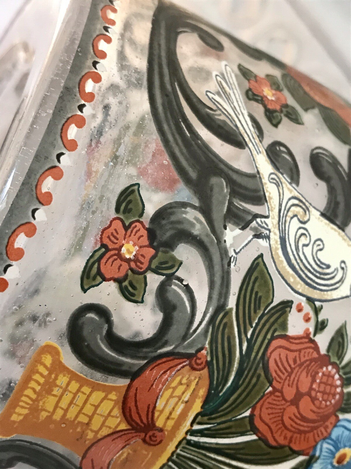 Alt Vintage Design Karaffe Dekanter versilberter Stopfen Bauernmotiv