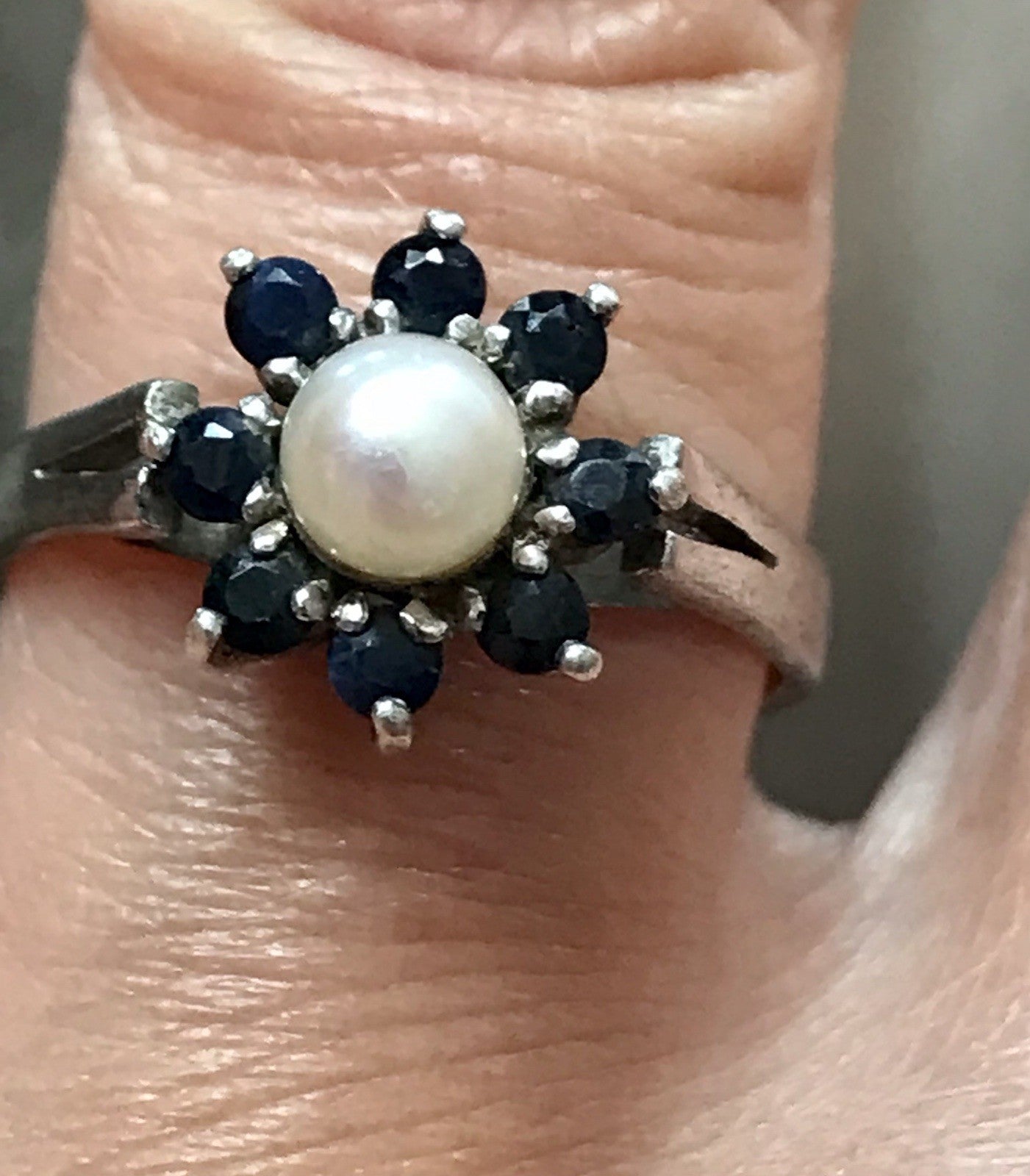 Antik? Vintage Art Déco Damen Ring Perle Spinell ? Saphir? Silber 925 Gr.57 18,1