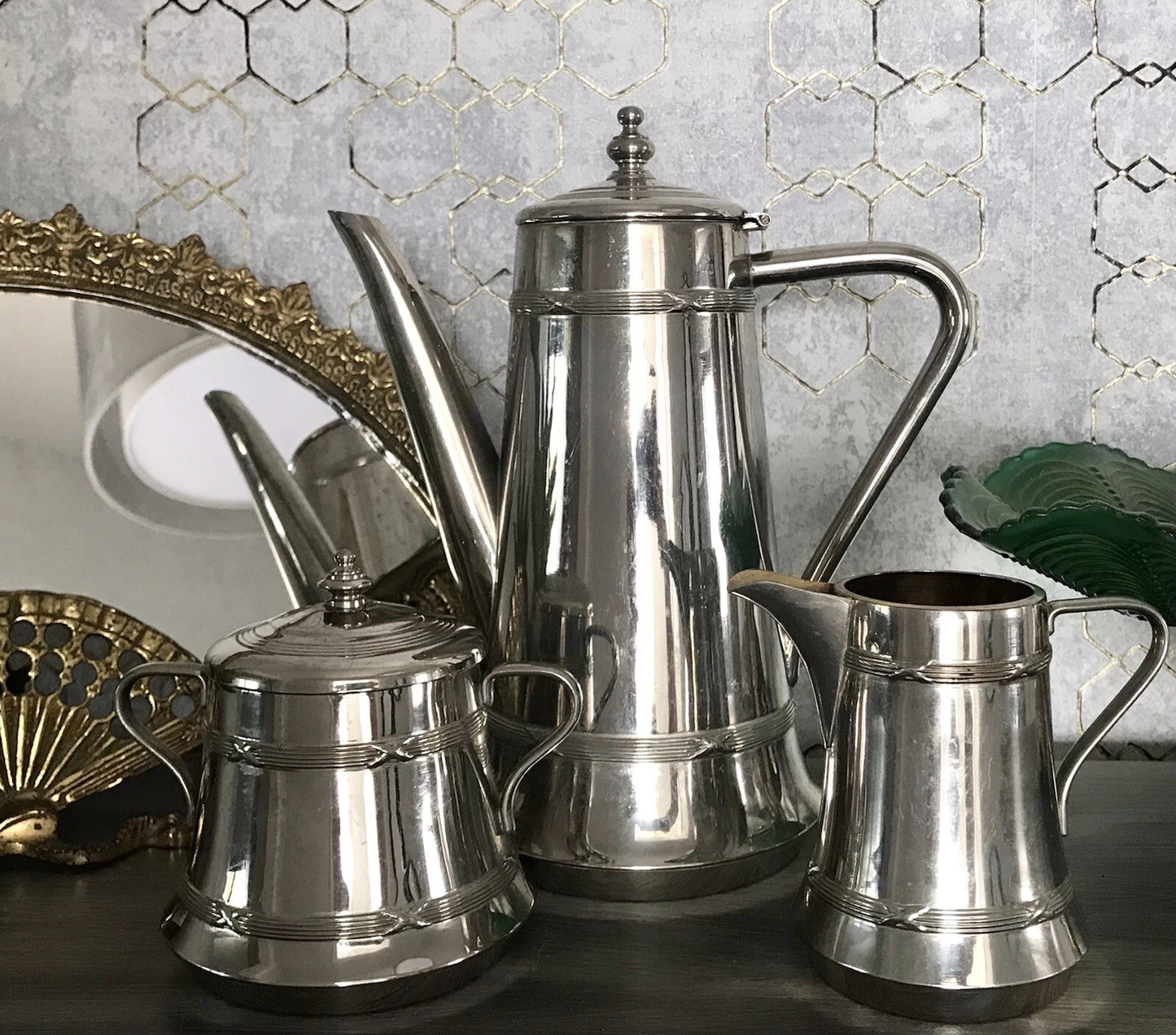 Antik Jugendstil Kaffee Kernstück Zuckerdose Rahmgießer Kanne vernickelt?
