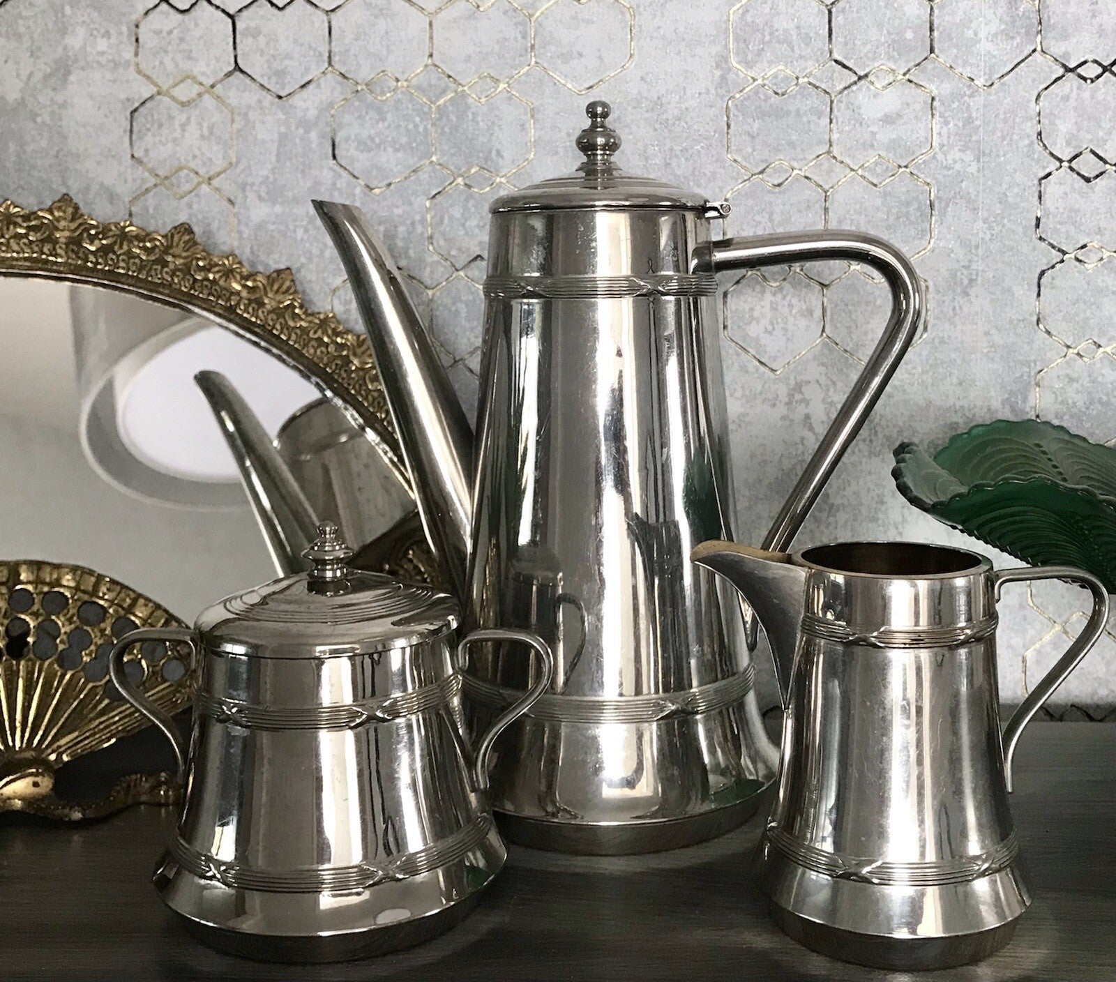 Antik Jugendstil Kaffee Kernstück Zuckerdose Rahmgießer Kanne vernickelt?