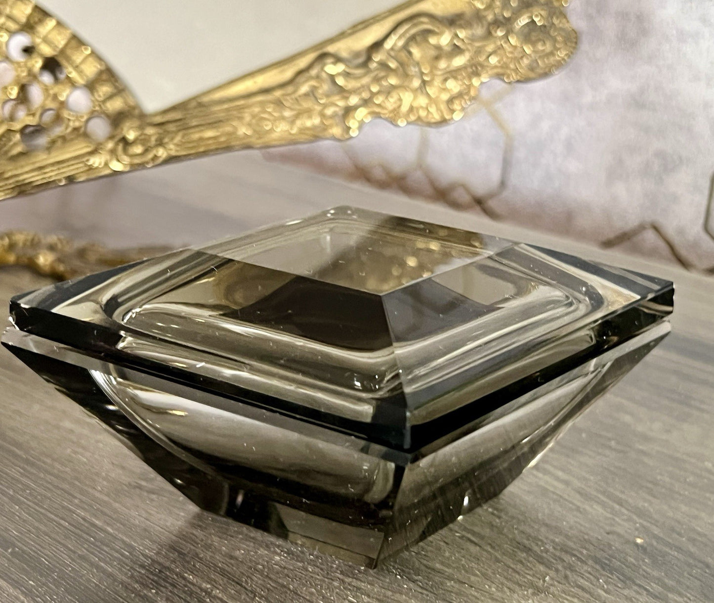 EDEL Art Déco antik Glasdose Kristallglas Frisiertisch Dose grau Schliff