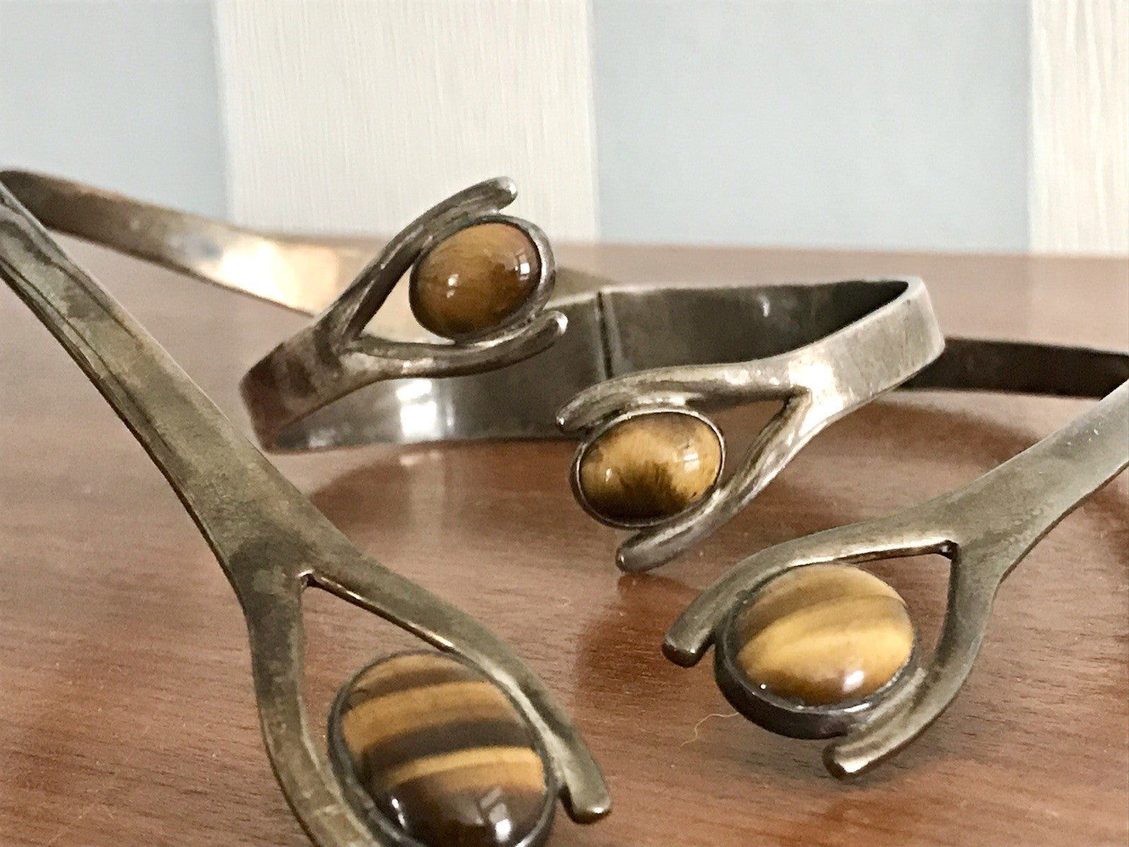 Vintage Set Halsreif Armspange Armband Collier 925 Silber Halskette Tigerauge
