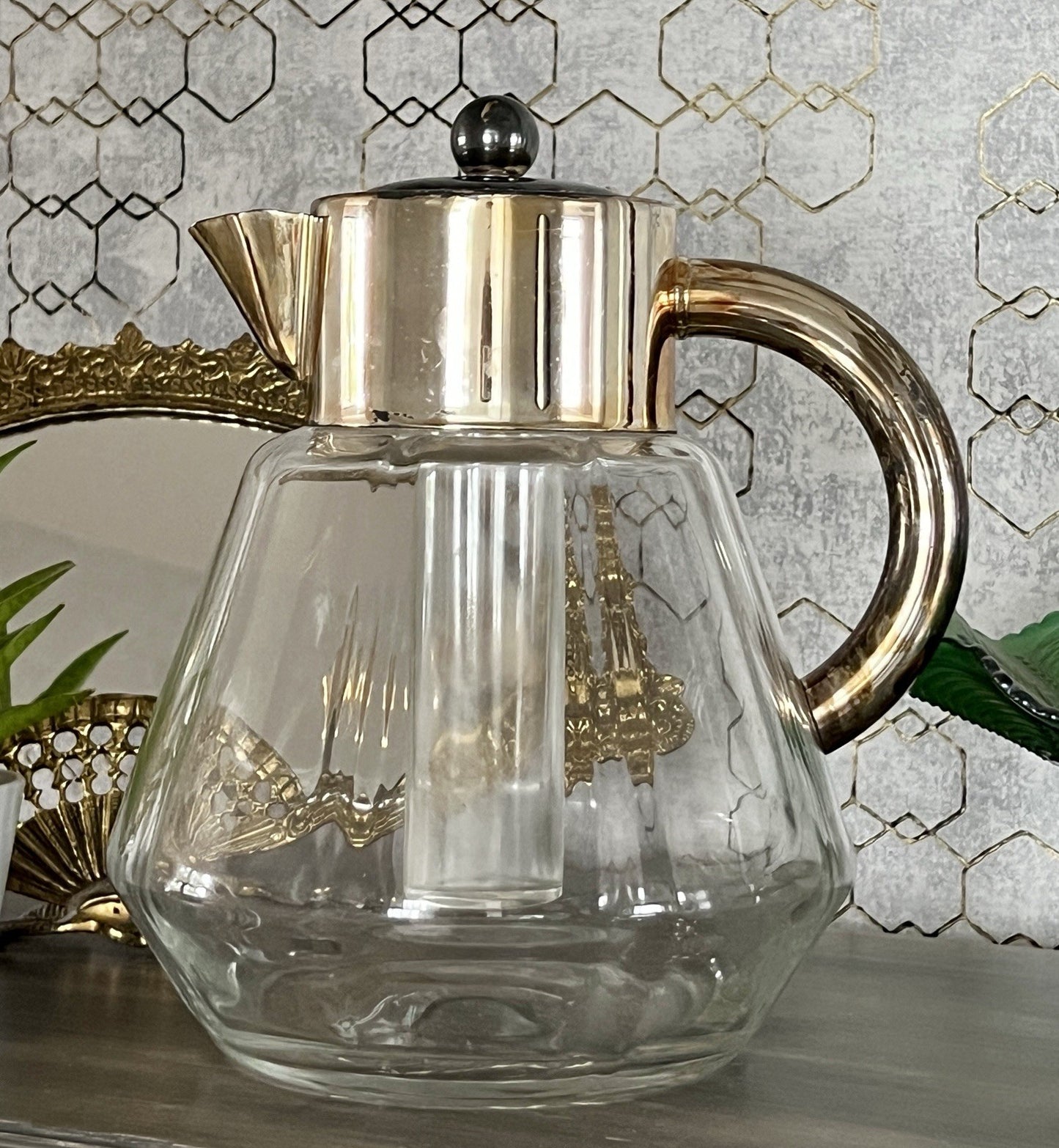 Antik Art Dèco DRGM Karaffe Kalte Ente  Glas optisch gerippt versilberte Montur