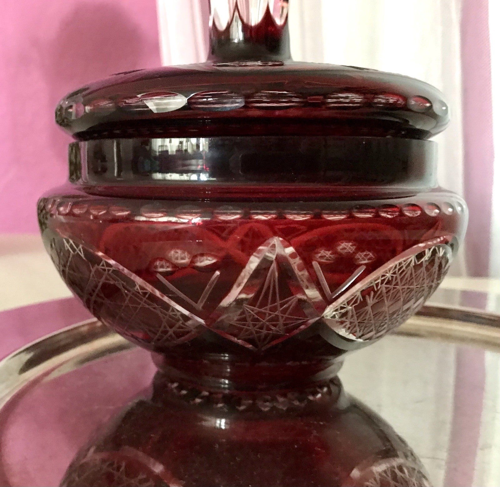Vintage EDEL Glasdose Deckeldose Bonboniere Kristallglas Schliff Rubin Rot