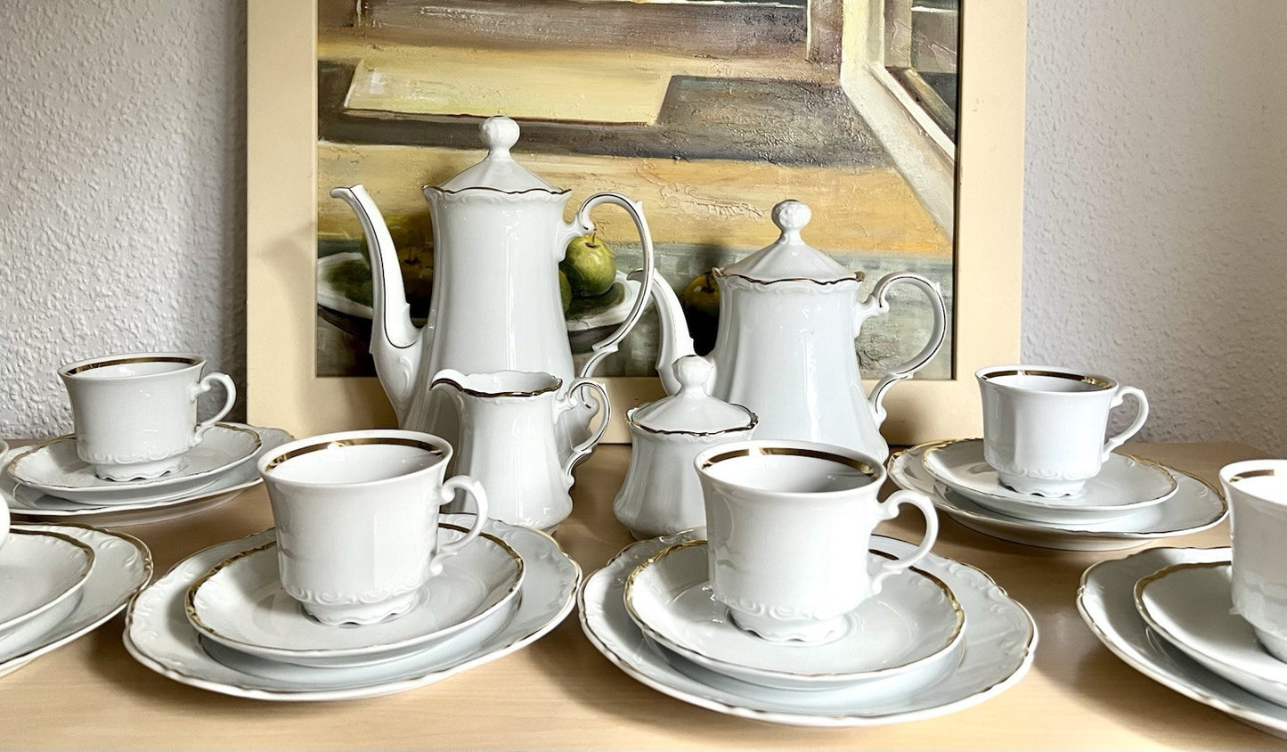Vintage klassisches  Mitterteich Porzellan Kaffeeservice weiß gold 12 Pers. WOW!
