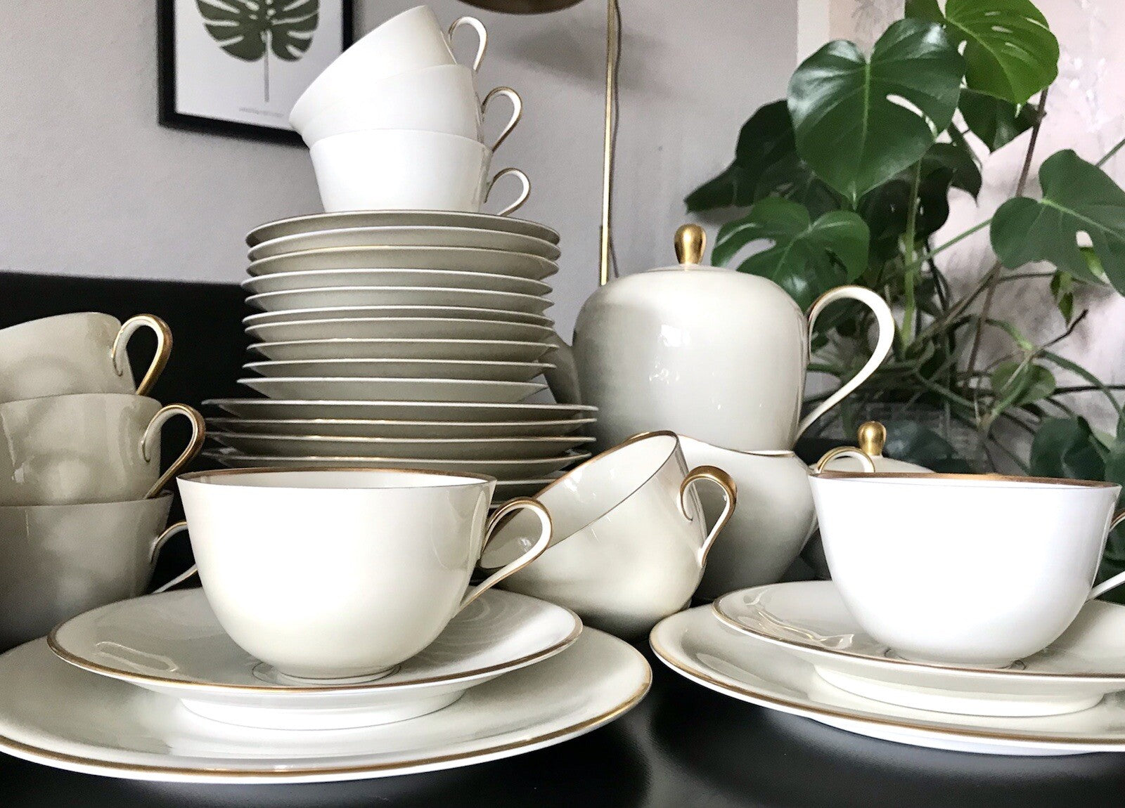Vintage Art Déco elfenbein Porzellan Kaffeeservice Service 12 Pers. Edelstein