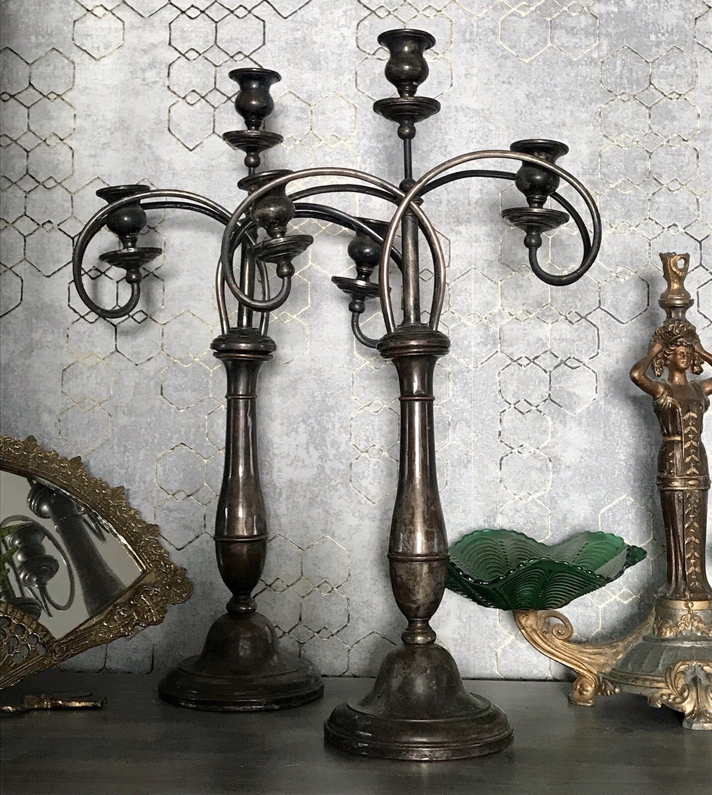 Antik 2 Jugendstil ehemals versilbert Kandelaber Kerzenständer Leuchter ~1890
