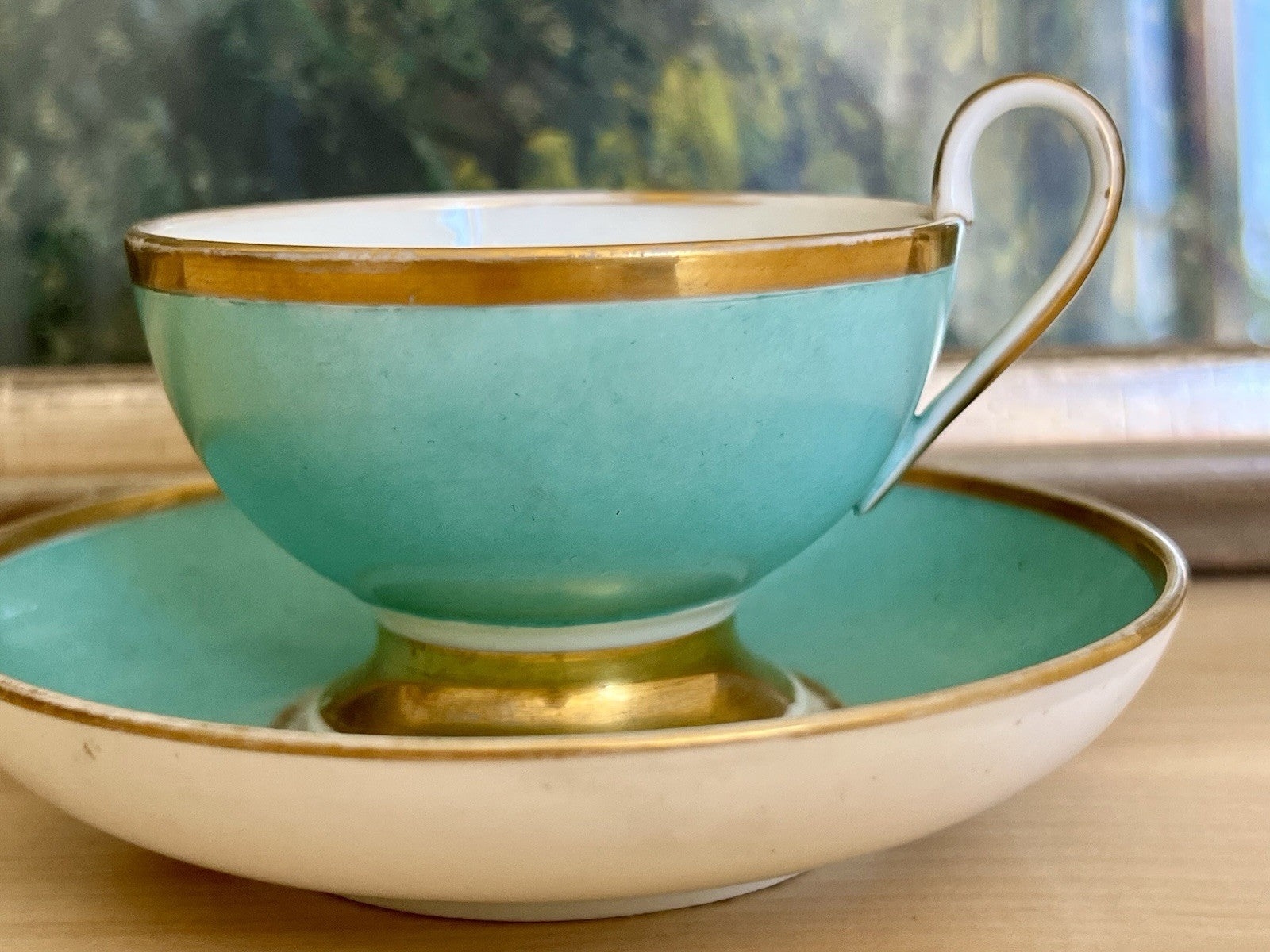 Antik Biedermeier Porzellan Kaffeegedeck Tasse Teetasse schön weiß türkis gold!