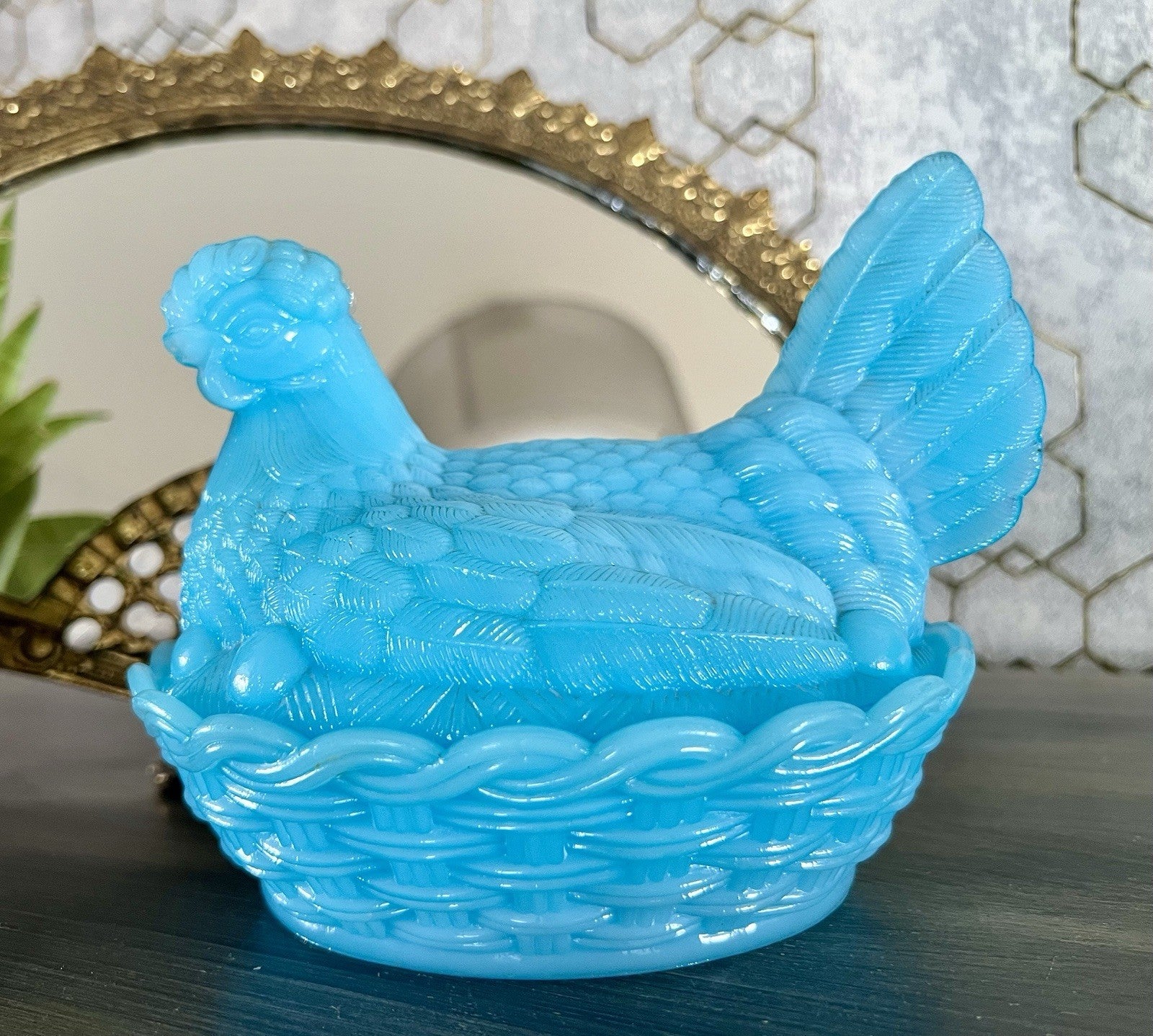 Antik Jugendstil Glasdose Dose Opalglas Deckeldose Pressglas Henne Blau