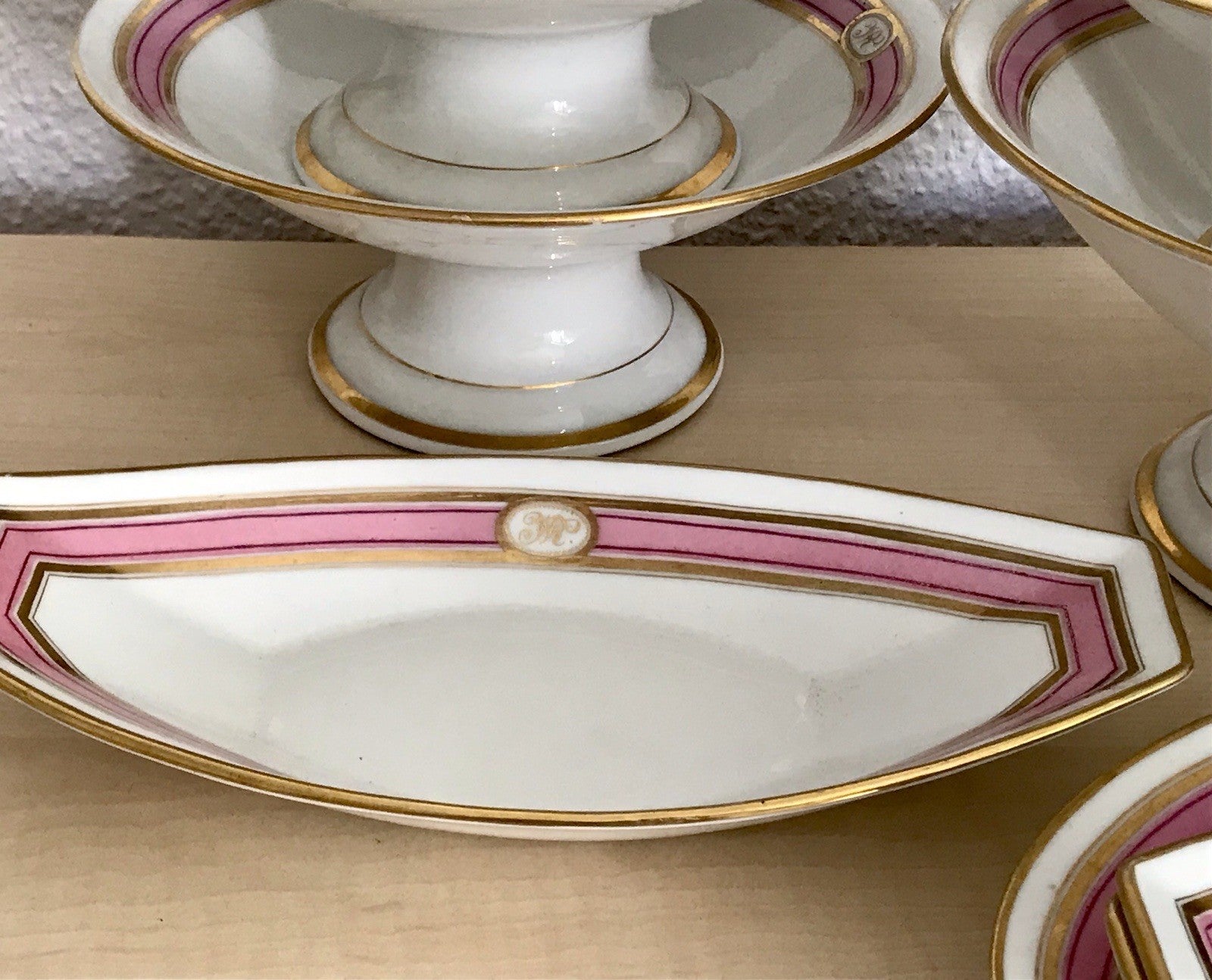 Antik Biedermeier Porzellan 1 Schiffchen Schale  ~1845 Ligatur Monogramm JR