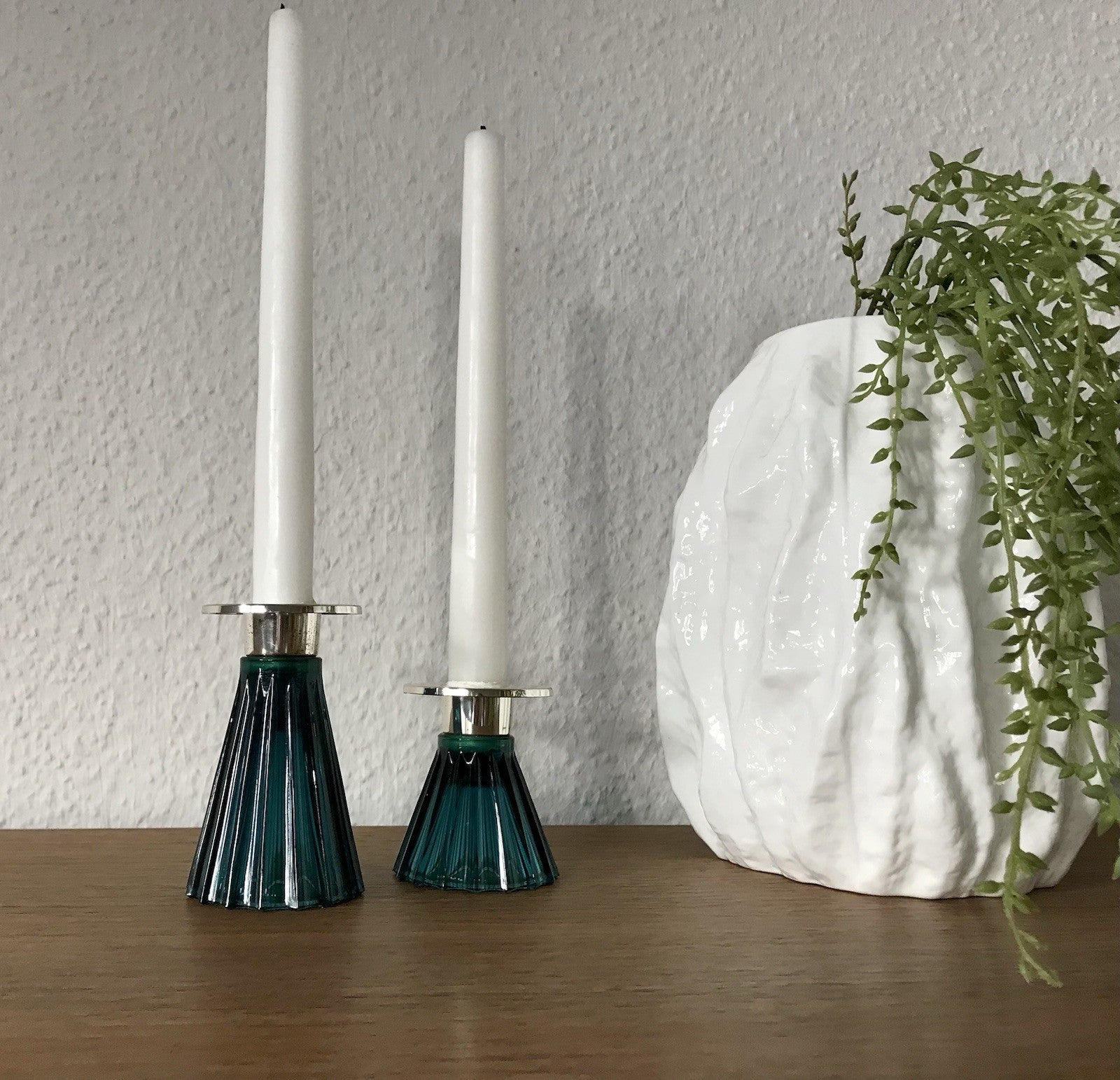 Vintage alt WMF 2 Leuchter Glas türkis versilbert Wagenfeld Ära