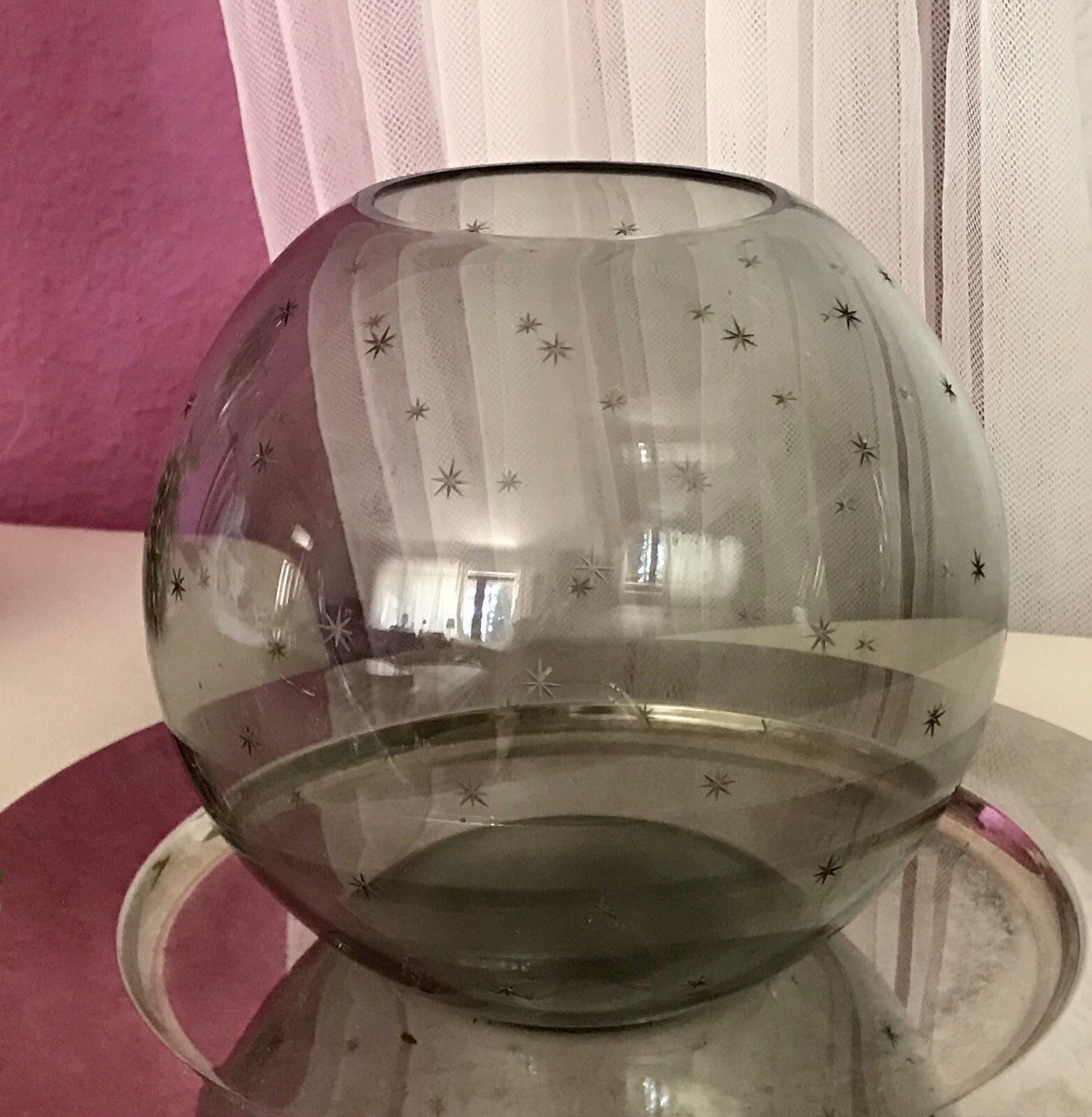 Alt Vintage Glasvase Glas Rauchglas Vase Mid century Kugelvase Grau Sternchen
