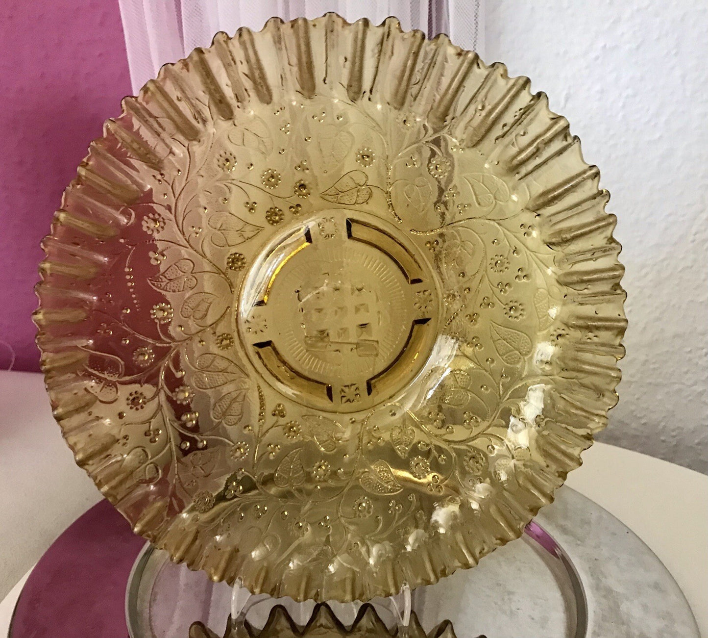 Antik Jugendstil Serviettenrand Pressglas Schale Glas Fenne Ewald Gelb Selten!