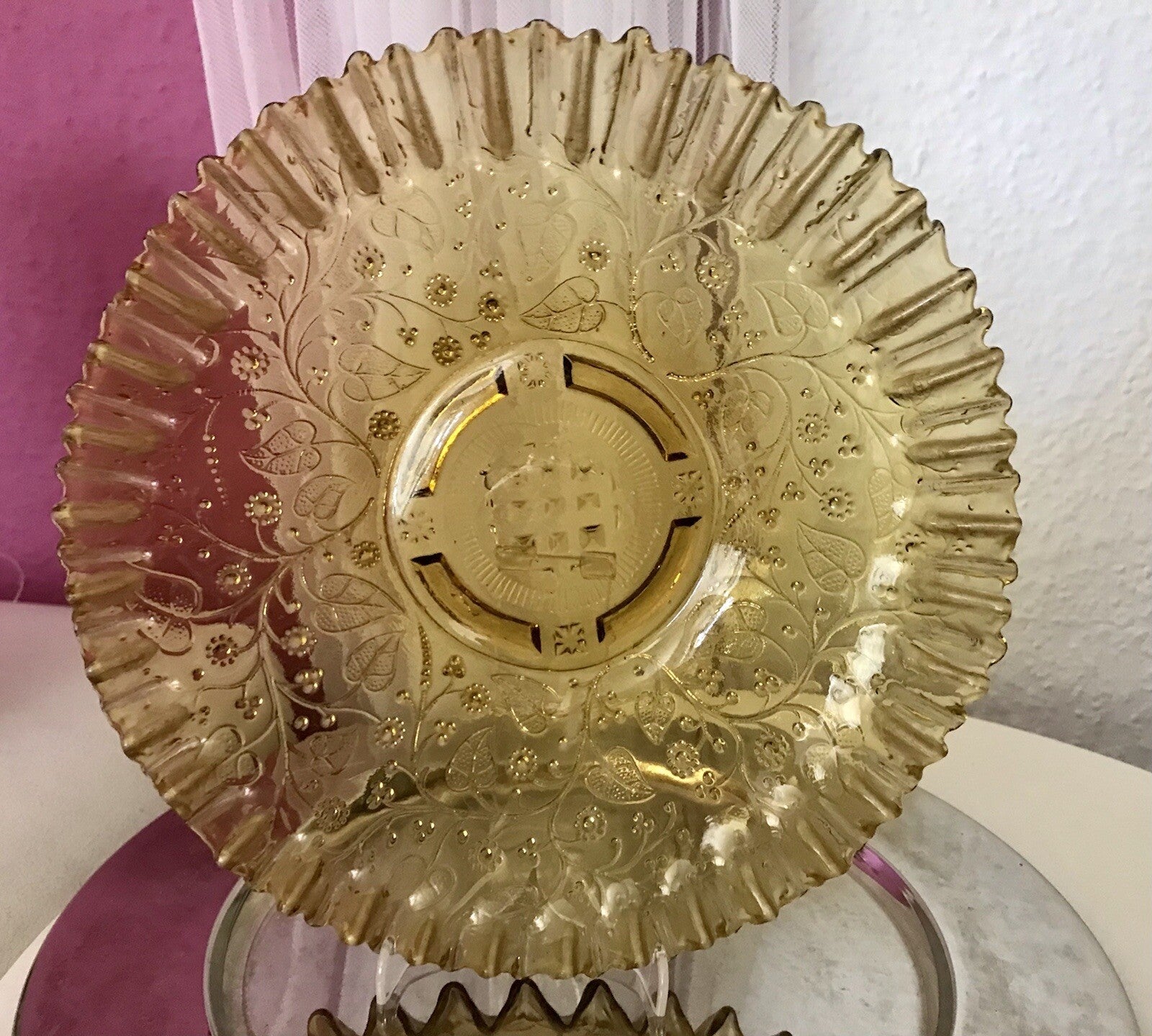 Antik Jugendstil Serviettenrand Pressglas Schale Glas Fenne Ewald Gelb Selten!