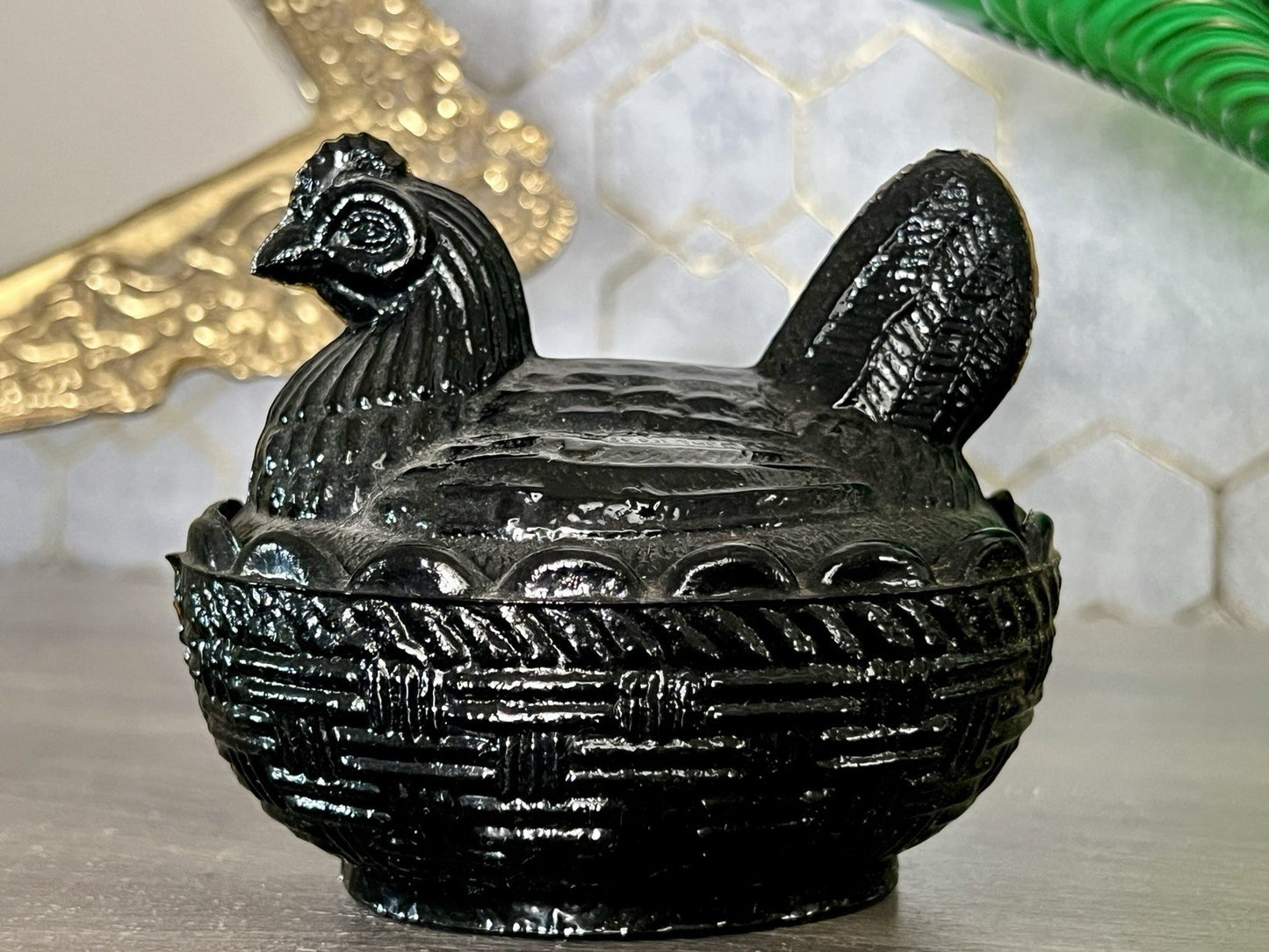 Antik Jugendstil Art Deco Glasdose Dose Deckeldose Pressglas Henne schwarz