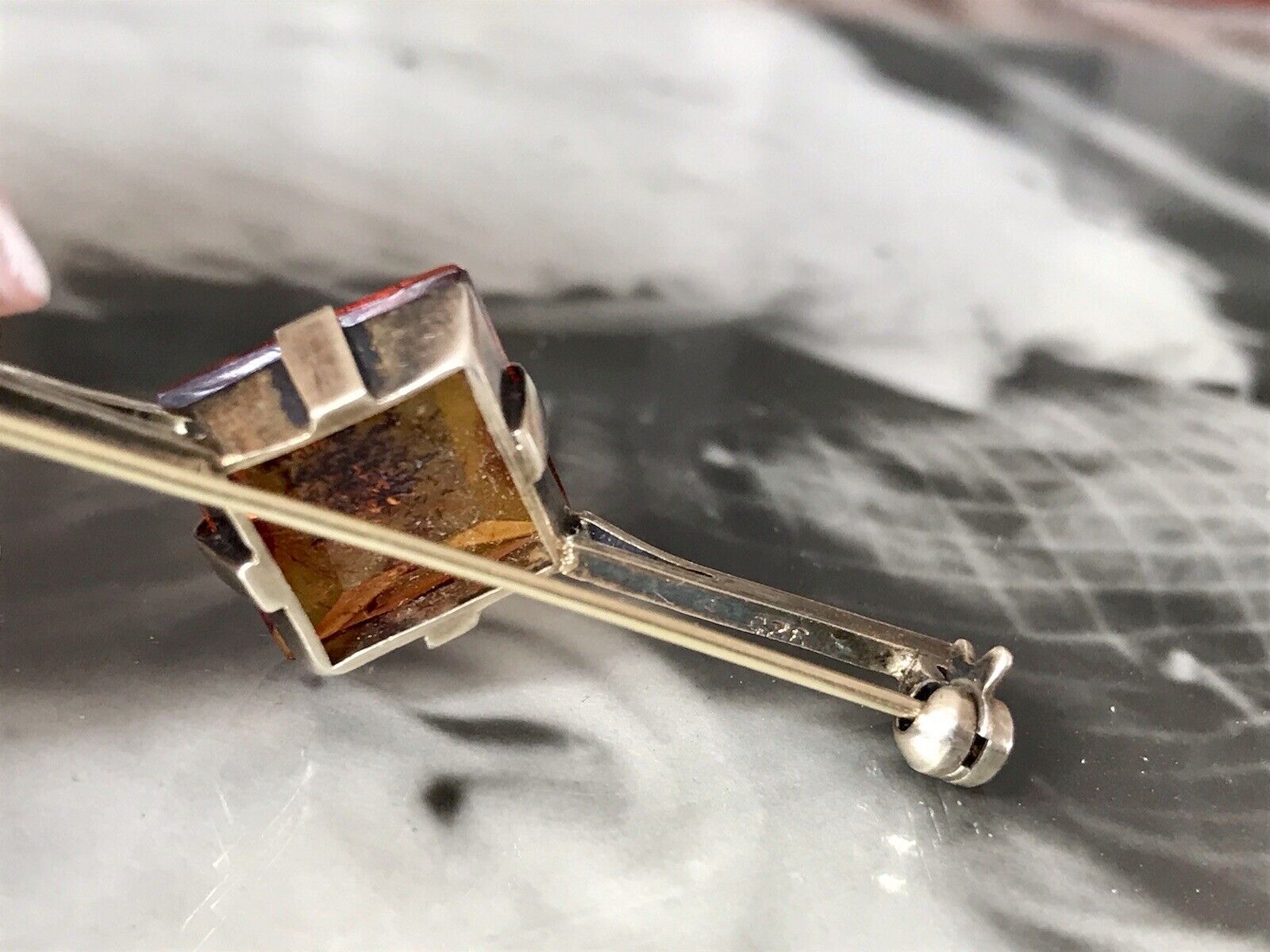 Antik Art Déco Edel Stabbrosche Silber 925 Bernstein vergoldet Brosche