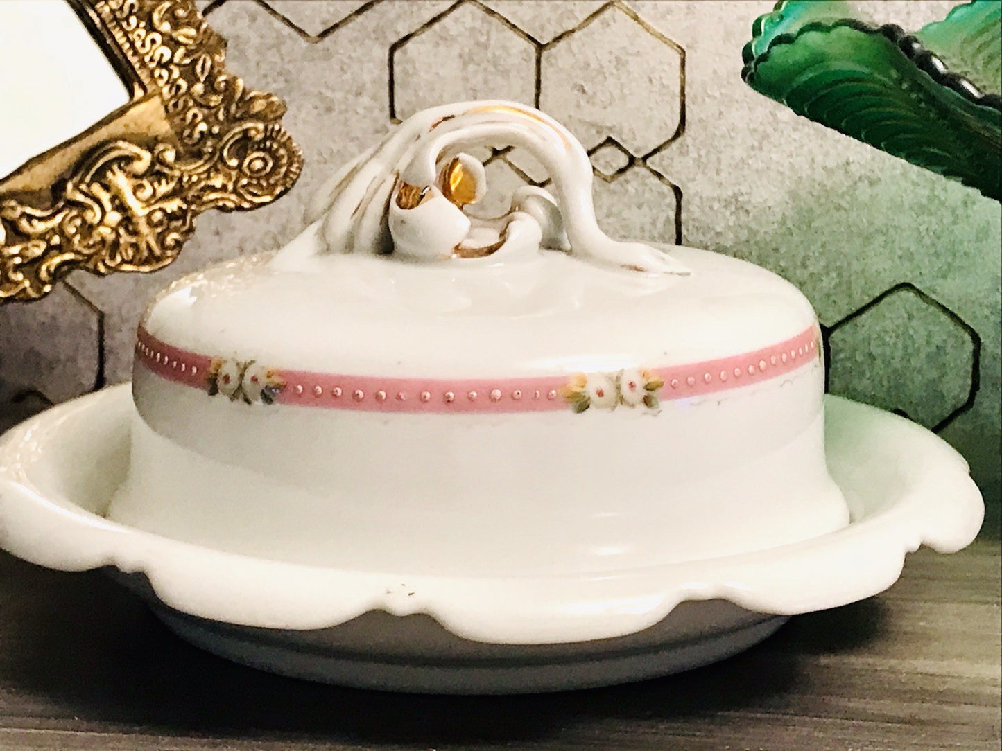 Antik Biedermeier Porzellan Butterdose Dose Handbemalung weiß rosa gold