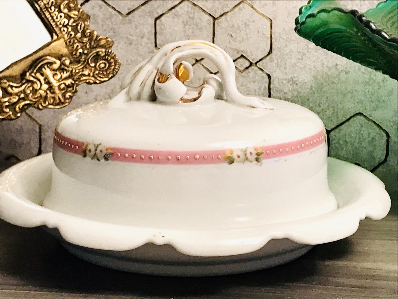 Antik Biedermeier Porzellan Butterdose Dose Handbemalung weiß rosa gold