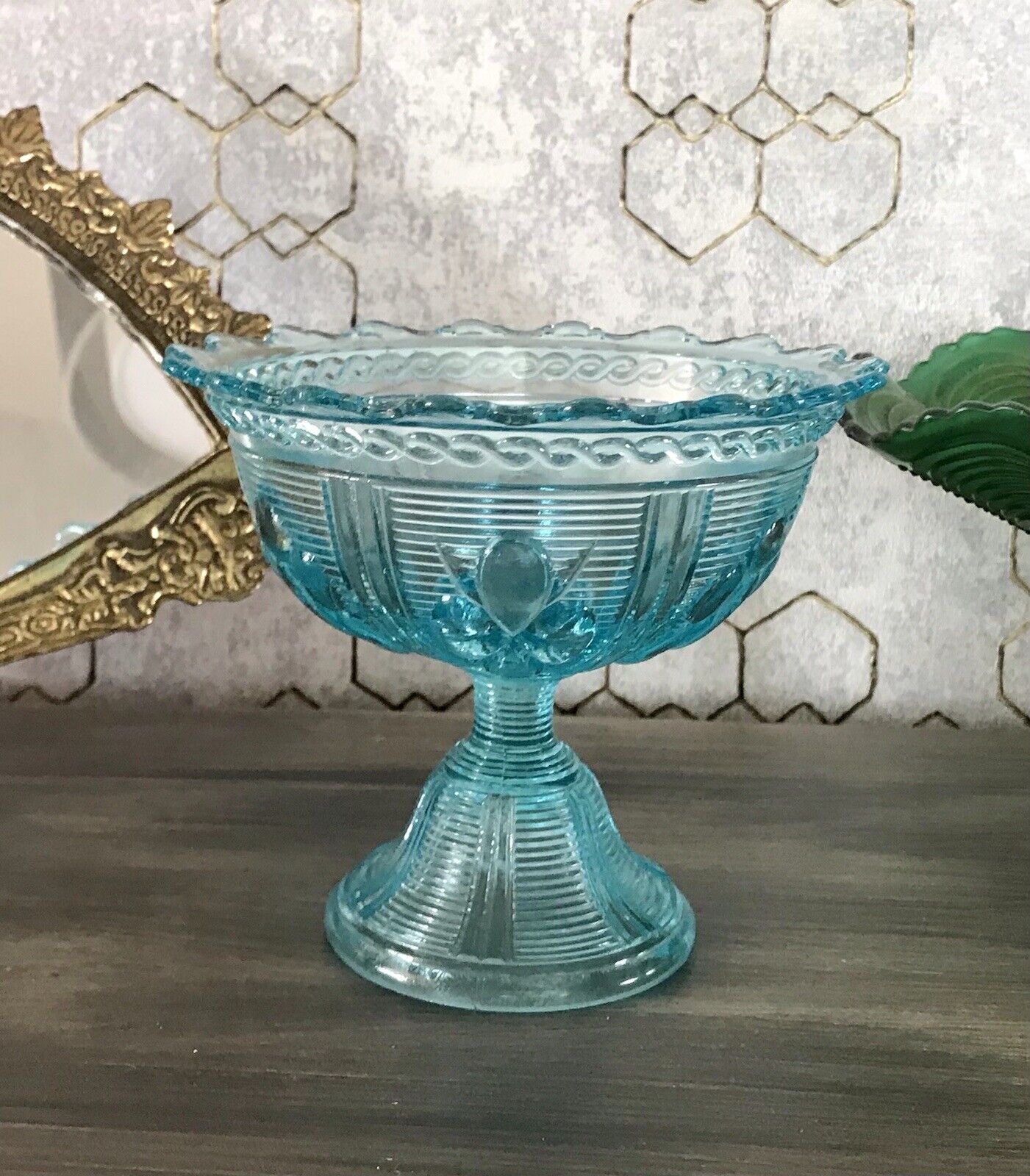 Antik Jugendstil Art Déco Pressglas Schale Fußschale Zuckerschale blau türkis