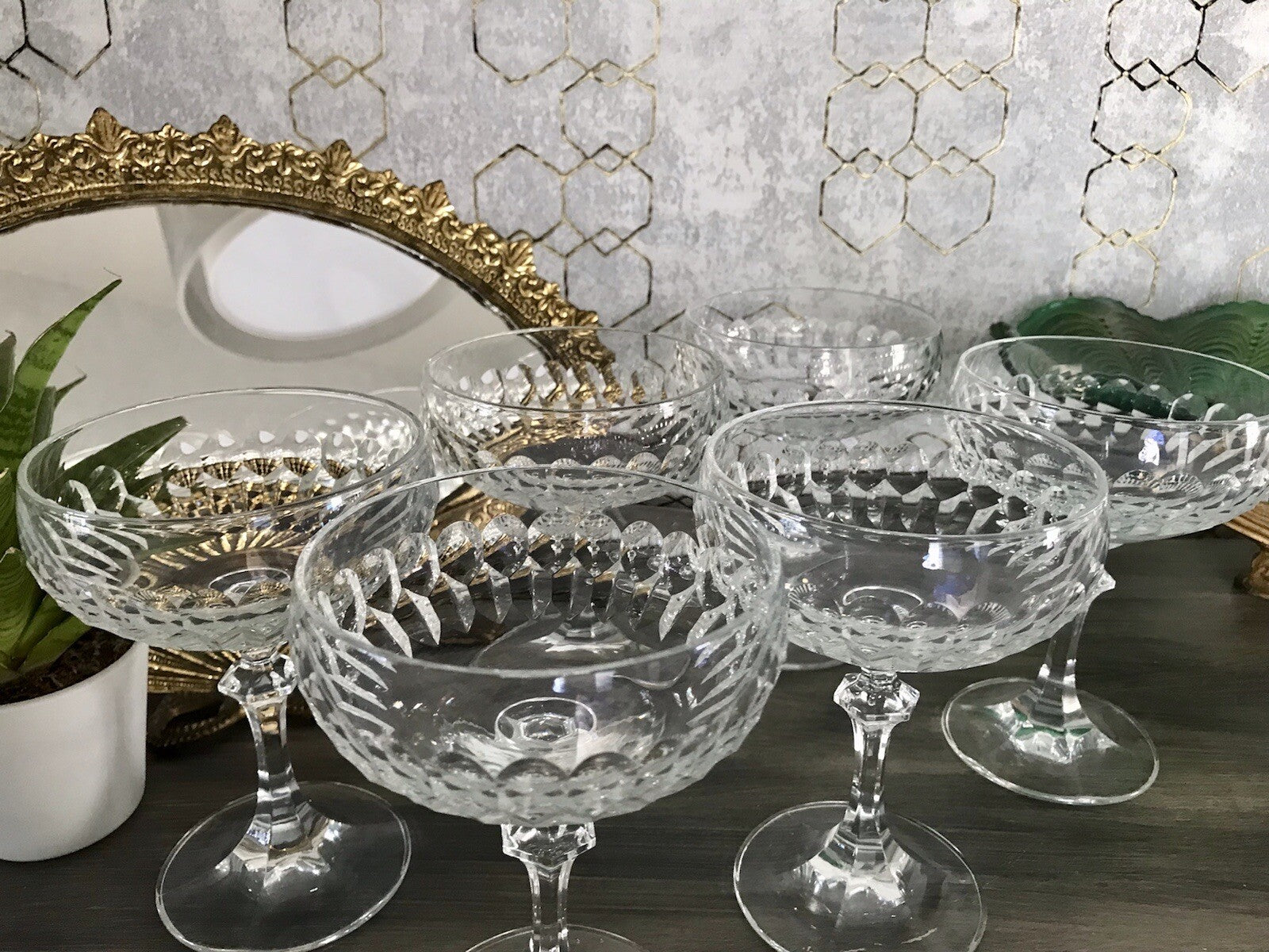 Vintage 8x Champagnerschalen Sektschalen Kristallglas Schliff Bleikristall