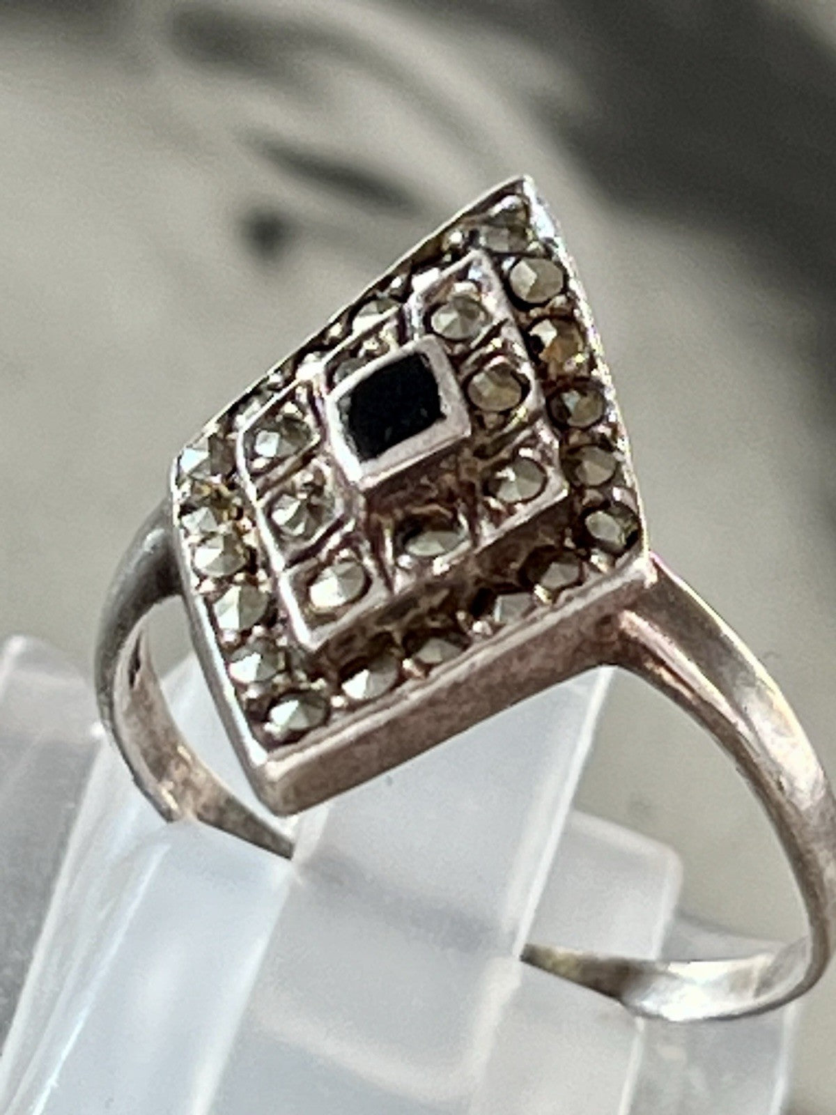 Antik Art Déco Edel Onyx Markasite DAMEN RING Silber 925 Gr.55