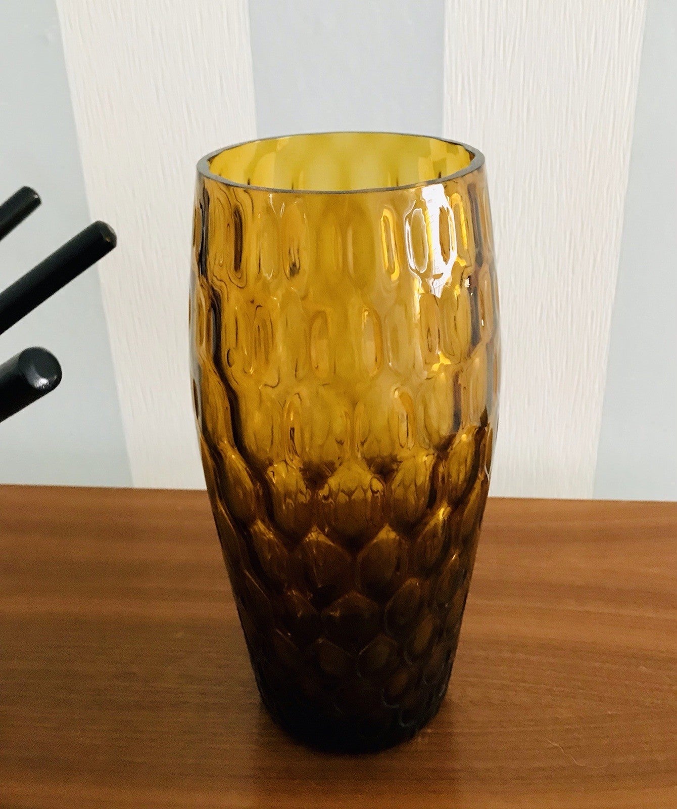 Vintage 60er Jahre MCM Glasvase Vase Glas Design Bernstein gelb Wabenmuster