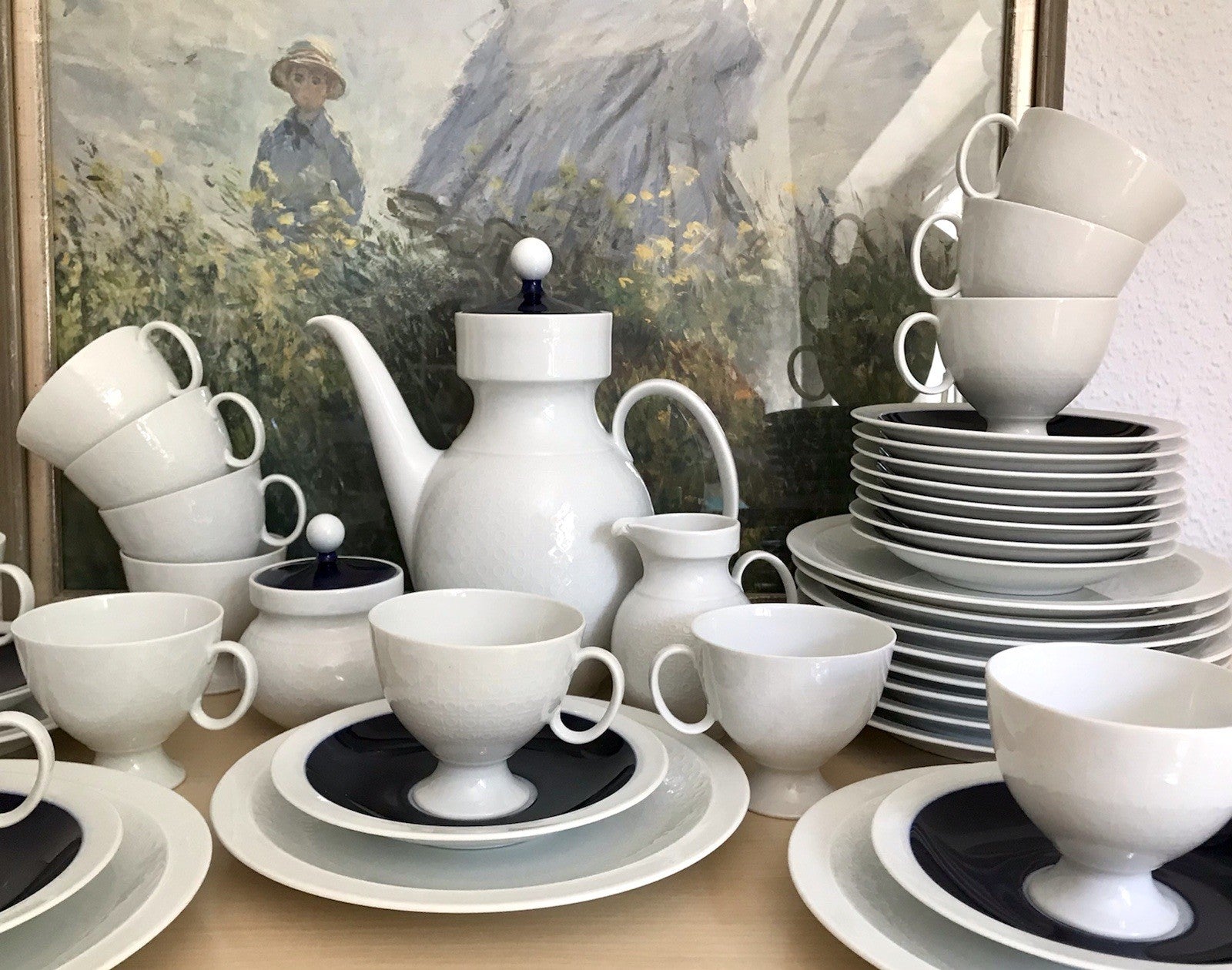 Ak Kaiser Porzellan Kaffeeservice 12 Personen Design weiß kobaltblau mit Relief