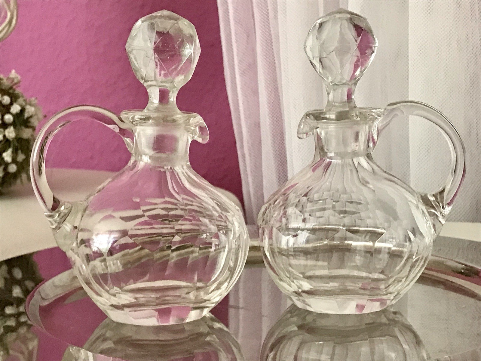 Antik 2x Kristallglas Essig&Öl Karaffe Glas Schliff Oliven Stopfen