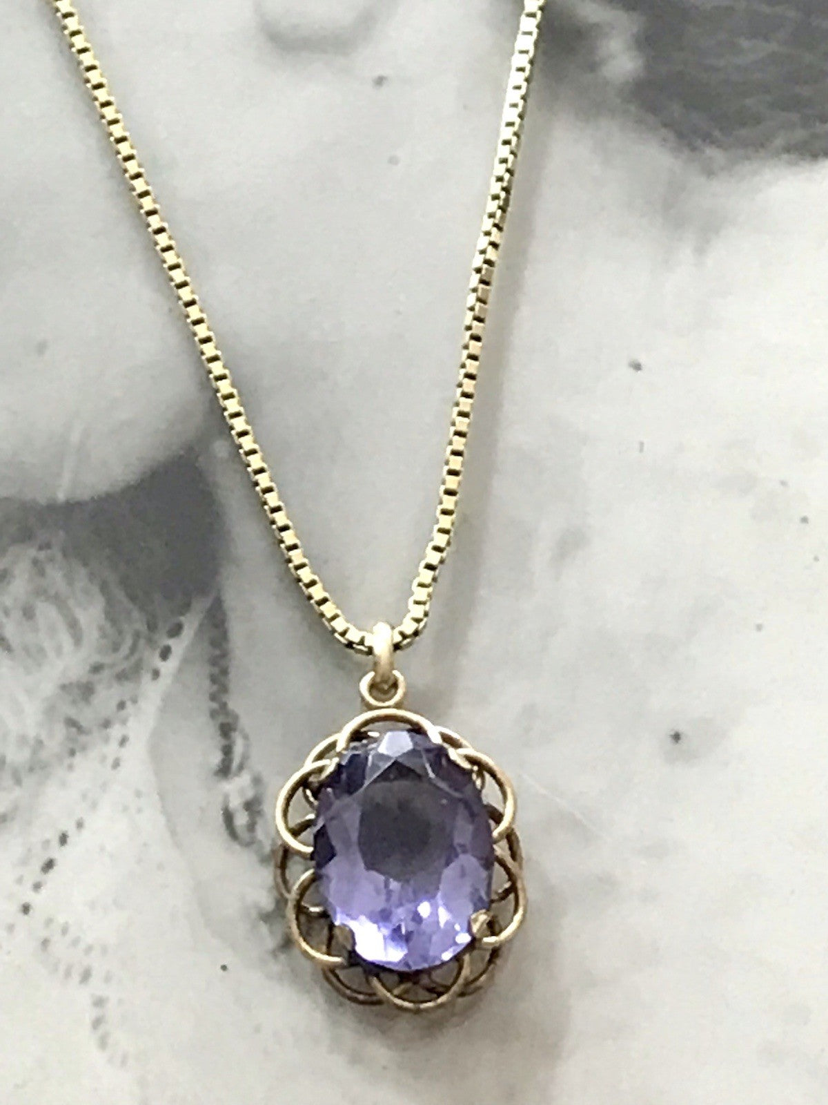 Alt Vintage Edel Kette & Anhänger lila Stein Amethyst? vergoldet Amerik. Doublè