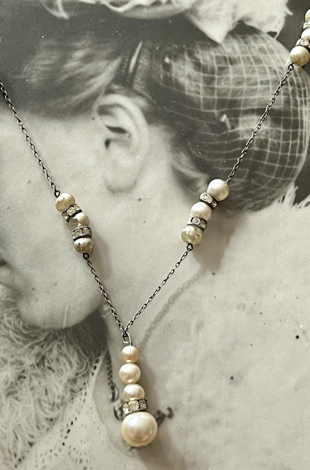 Vintage Antik? 835 Silber Collier Halskette Perlen Strass/ Steine?