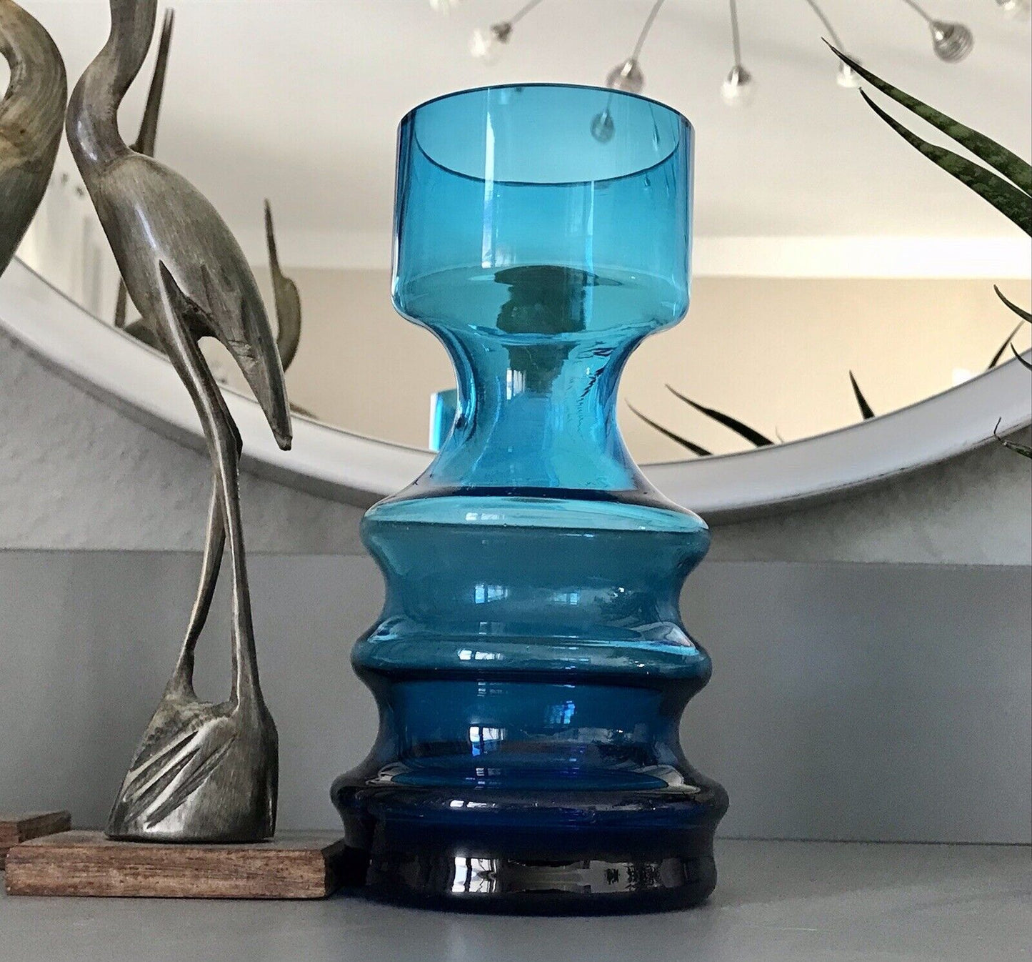 Vintage MCM 60er 70er Jahre blau Glas Kerzenständer Vase  Blumenvase  Glasvase