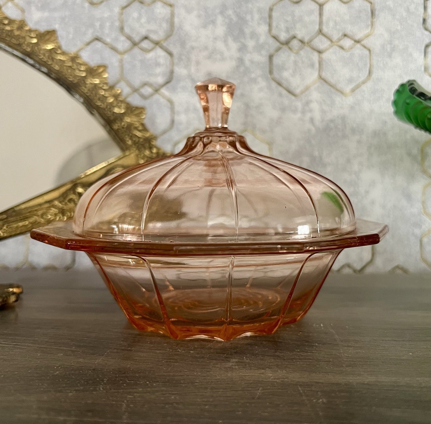 Antik Art Déco Dose Deckeldose Rosalin Rosa Pressglas