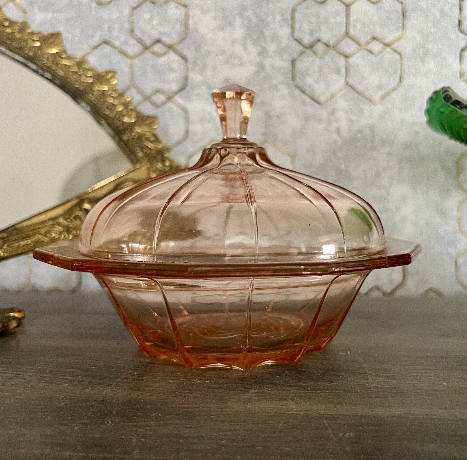 Antik Art Déco Dose Deckeldose Rosalin Rosa Pressglas
