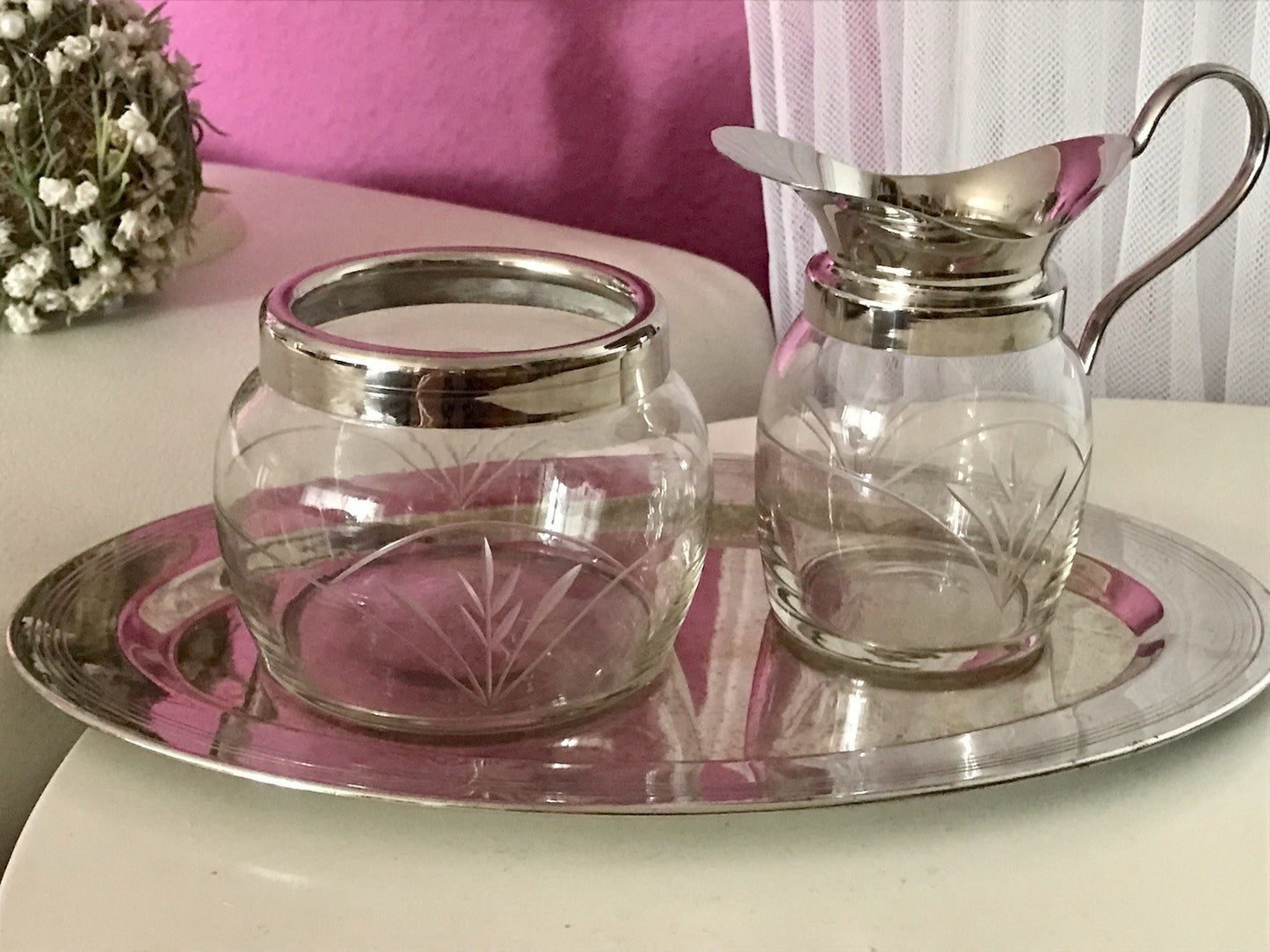 Antik Jugendstil 3 Teile Milch& Zucker Tablett Metallmontur & Glas geschliffen