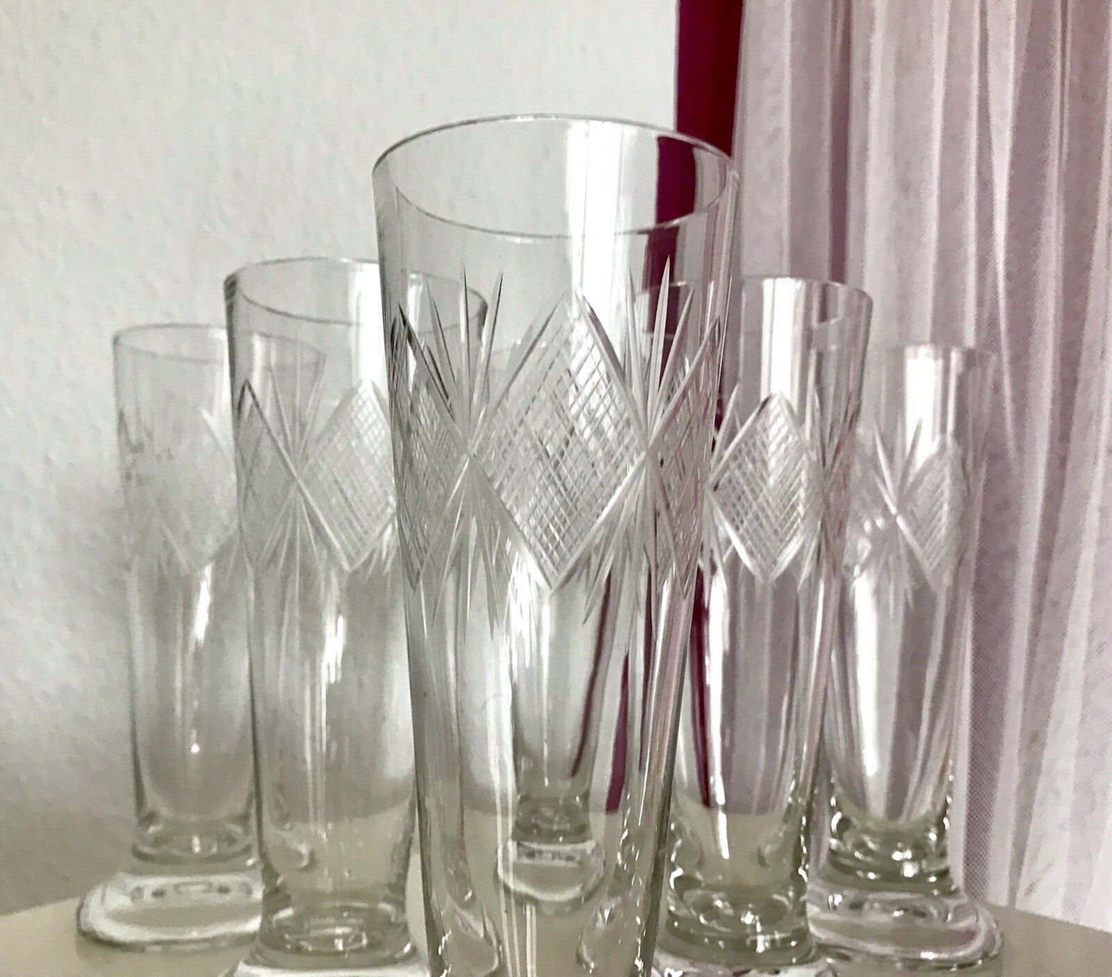 Antik 6x Fußbecher Fußrand-Becher mundgebl. Pokalgläser Kristallglas? Schliff