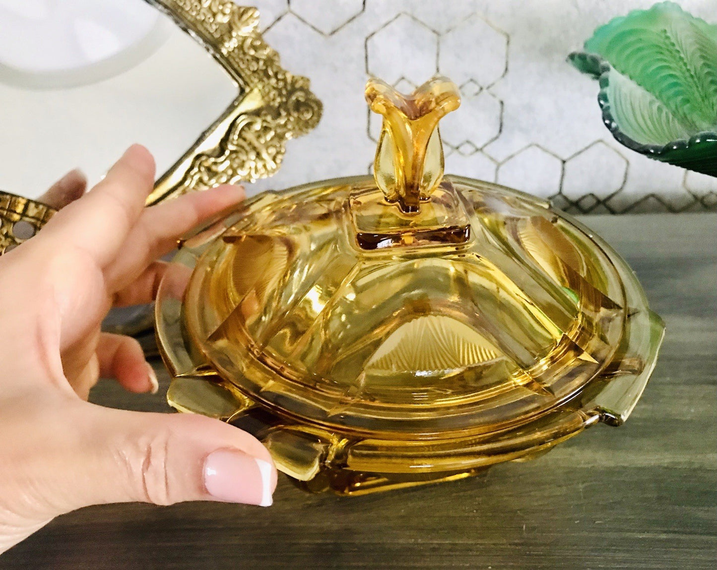 Antik Art Déco Dose Glasdose Pressglas Bernstein Gelb Amber