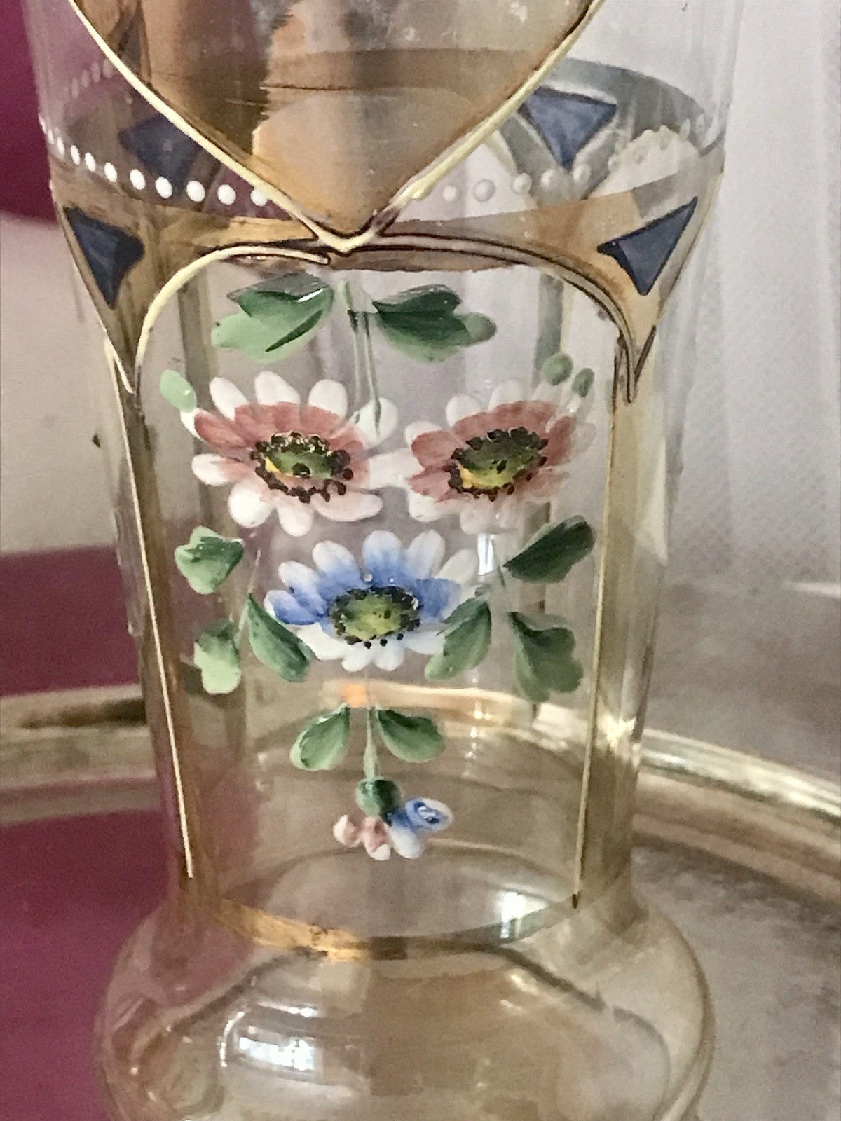 Antik Jugendstil Emaile -Malerei Glas Fußbecher Becher Pokal Bierglas irisierend