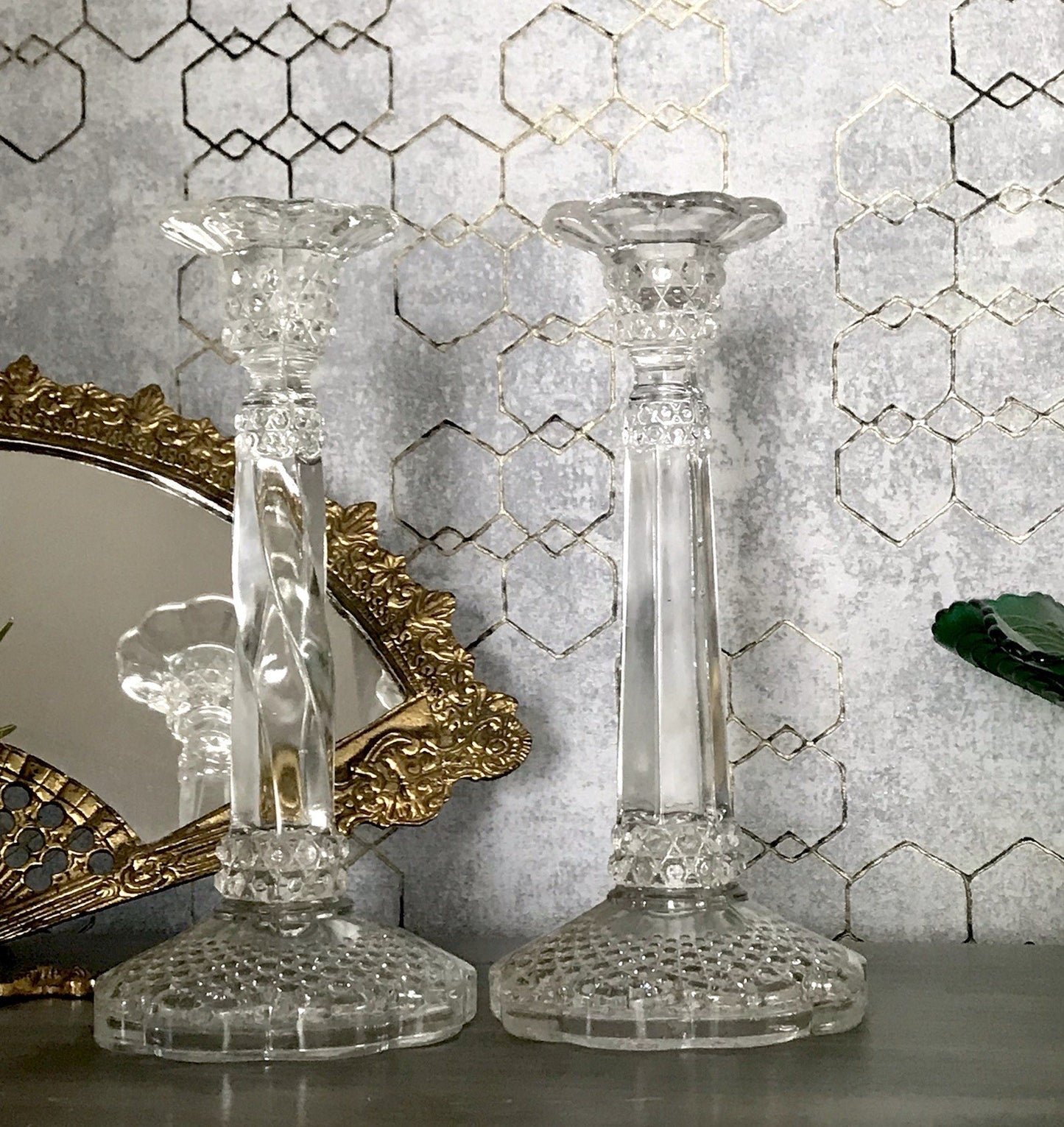 Antik Art Déco 2x Kerzenleuchter Leuchter Kerzenständer Pressglas Glas