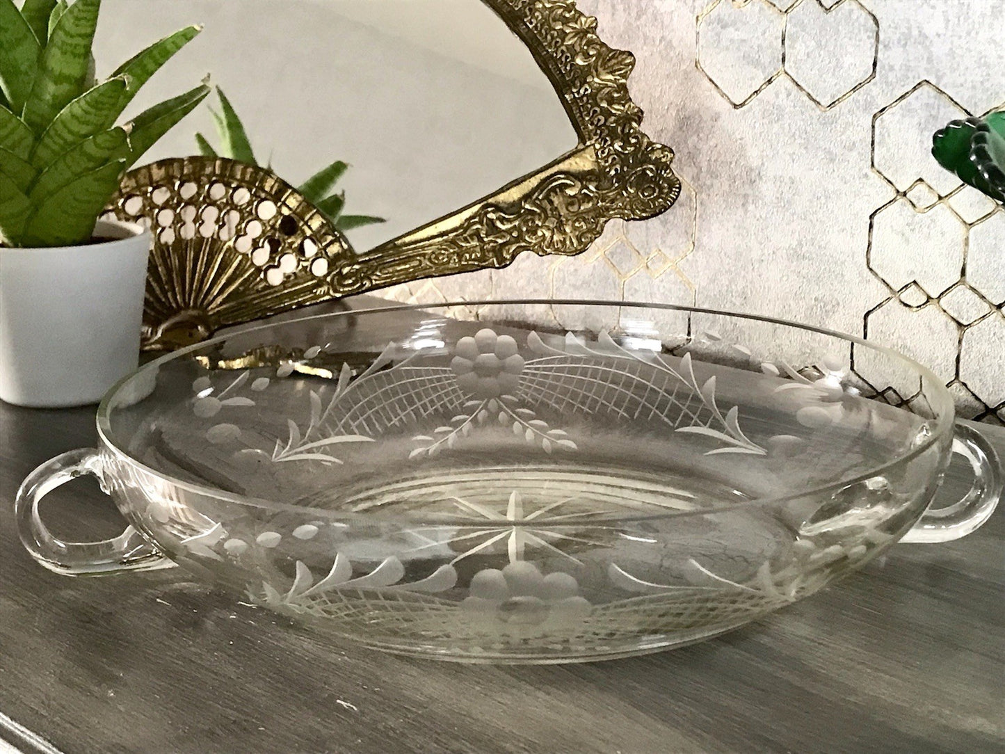 Antik EDEL Art Déco Schale Glasschale mundgeblasen geschliffen mit Henkeln