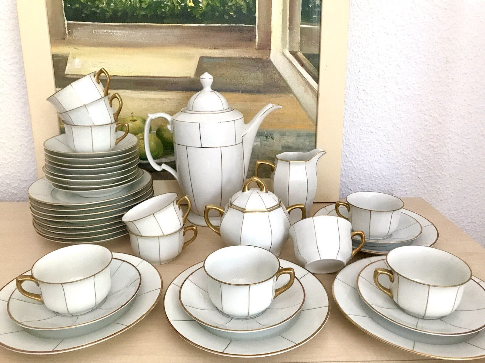 Antik Art Déco Porzellan 10+ Personen Kaffeeservice EDEL weiß Golddekor kantig