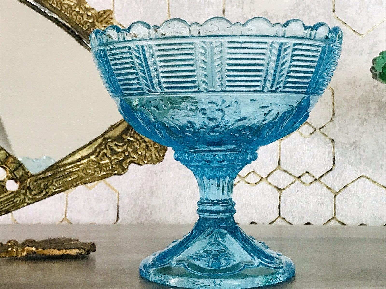 Antik Jugendstil Art Déco Pressglas Glas Fußschale Schale Zuckerschale Blau