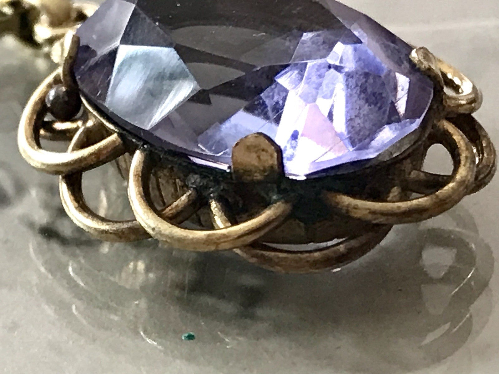 Alt Vintage Edel Kette & Anhänger lila Stein Amethyst? vergoldet Amerik. Doublè